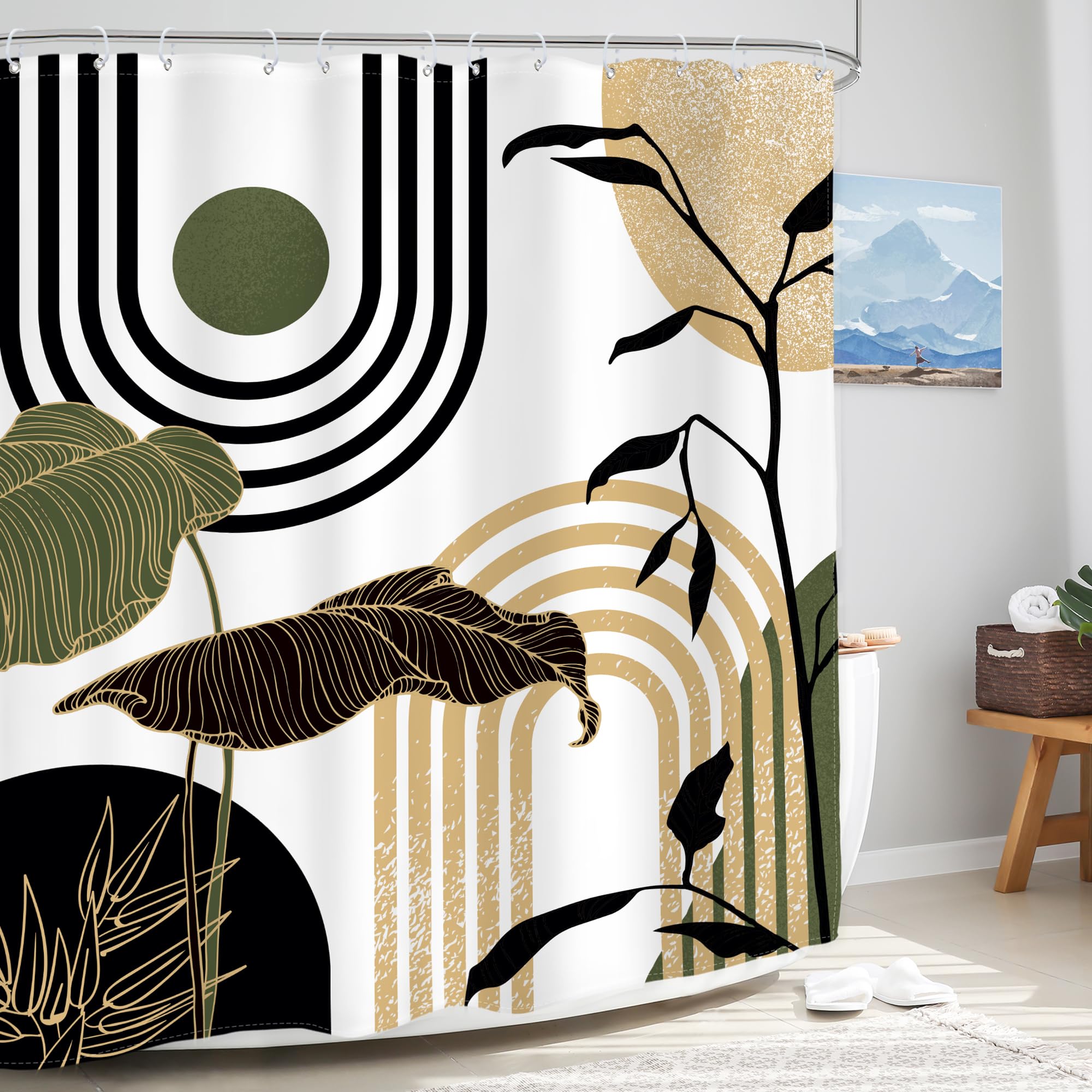Glawry Green Gold Abstract Mid Century Shower Curtain Boho Retro Tropical Palm Sun Arch Minimalist Bathroom Modern Aesthetic Geo
