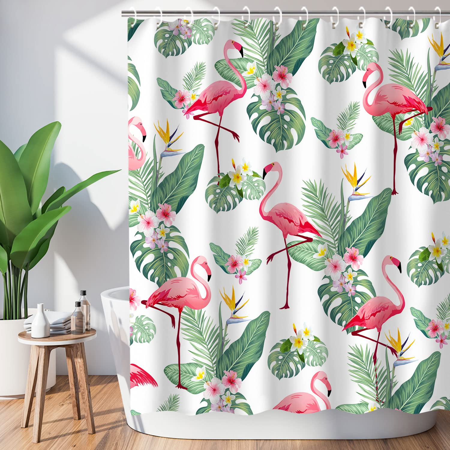 Livilan Flamingo Shower Curtain For Bathroom Palm Leaf Shower Curtain Tropical Shower Curtain Set With Hooks Tropical Bathroom D
