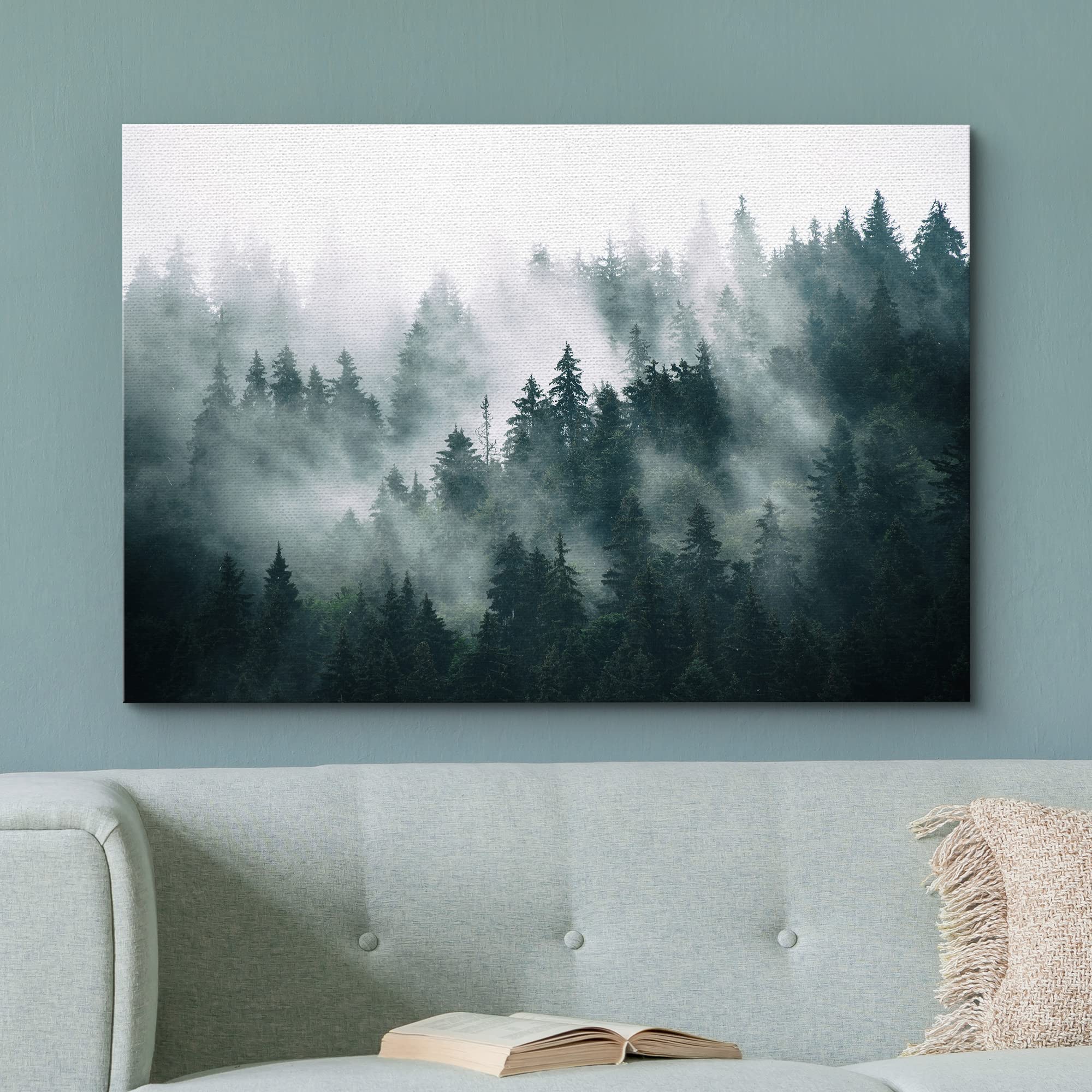 wall26 Canvas Print Wall Art Misty and Fog Over Dark Mountain Forest Wilderness Nature Photography Modern Art Rustic Landscape Colorful for Living Room  Bedroom  Office - 12''x18''