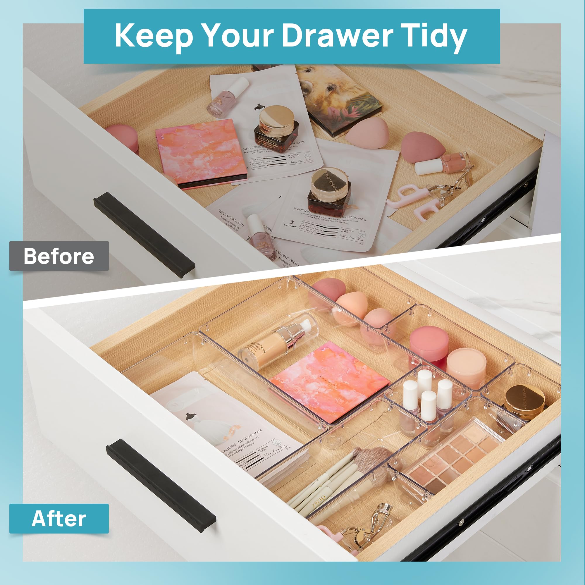 Vtopmart 10 Pcs Drawer Organizer Set, 4 Size Vanity Organizer Plastic Tray, Clear Acrylic Drawer Organizer Storage Bins, Makeup