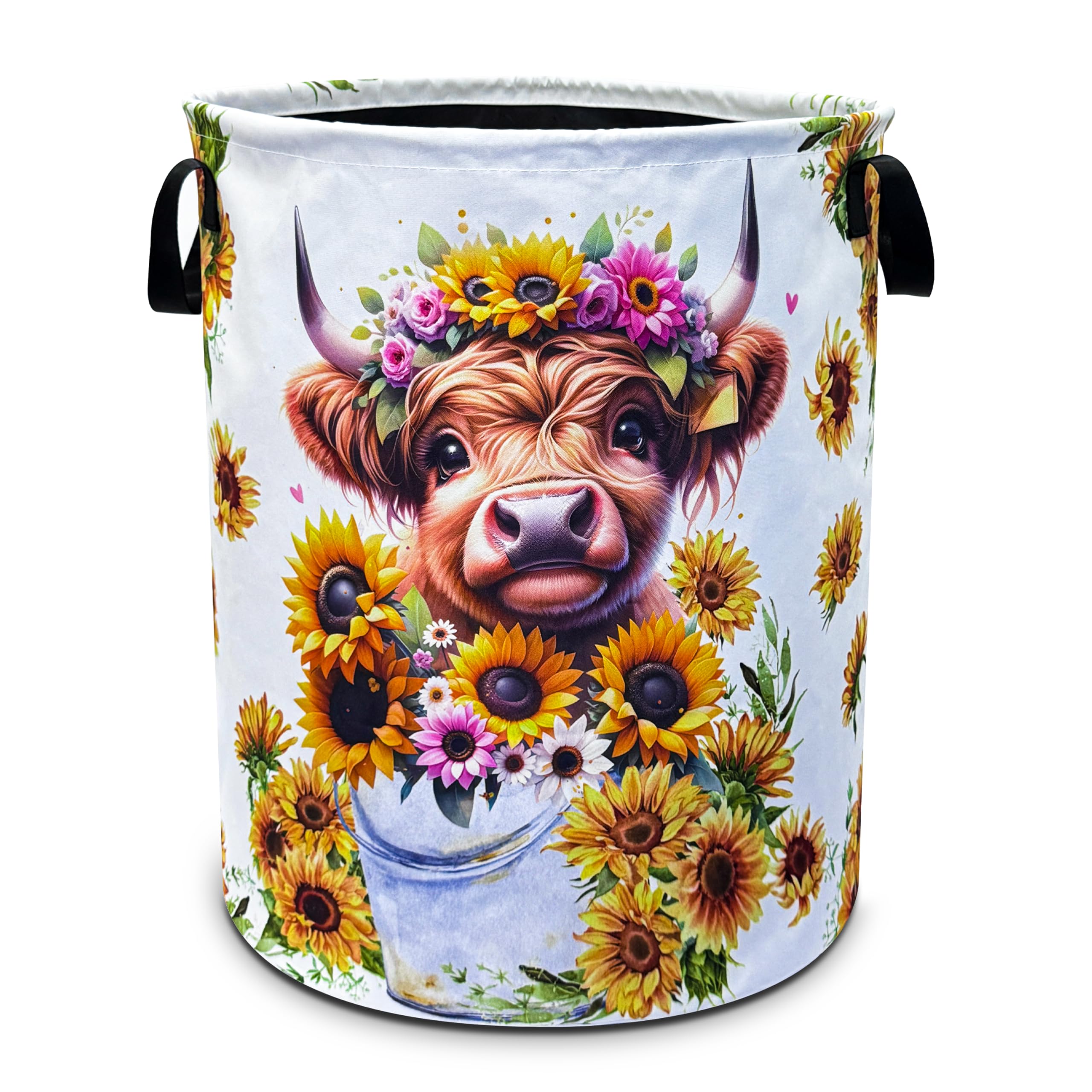 Highland Cow Laundry Basket Sunflower Flower Foldable Oxford Cloth Funny Tote Bag Laundry Hamper Clothes Storage Bucket Toy Orga