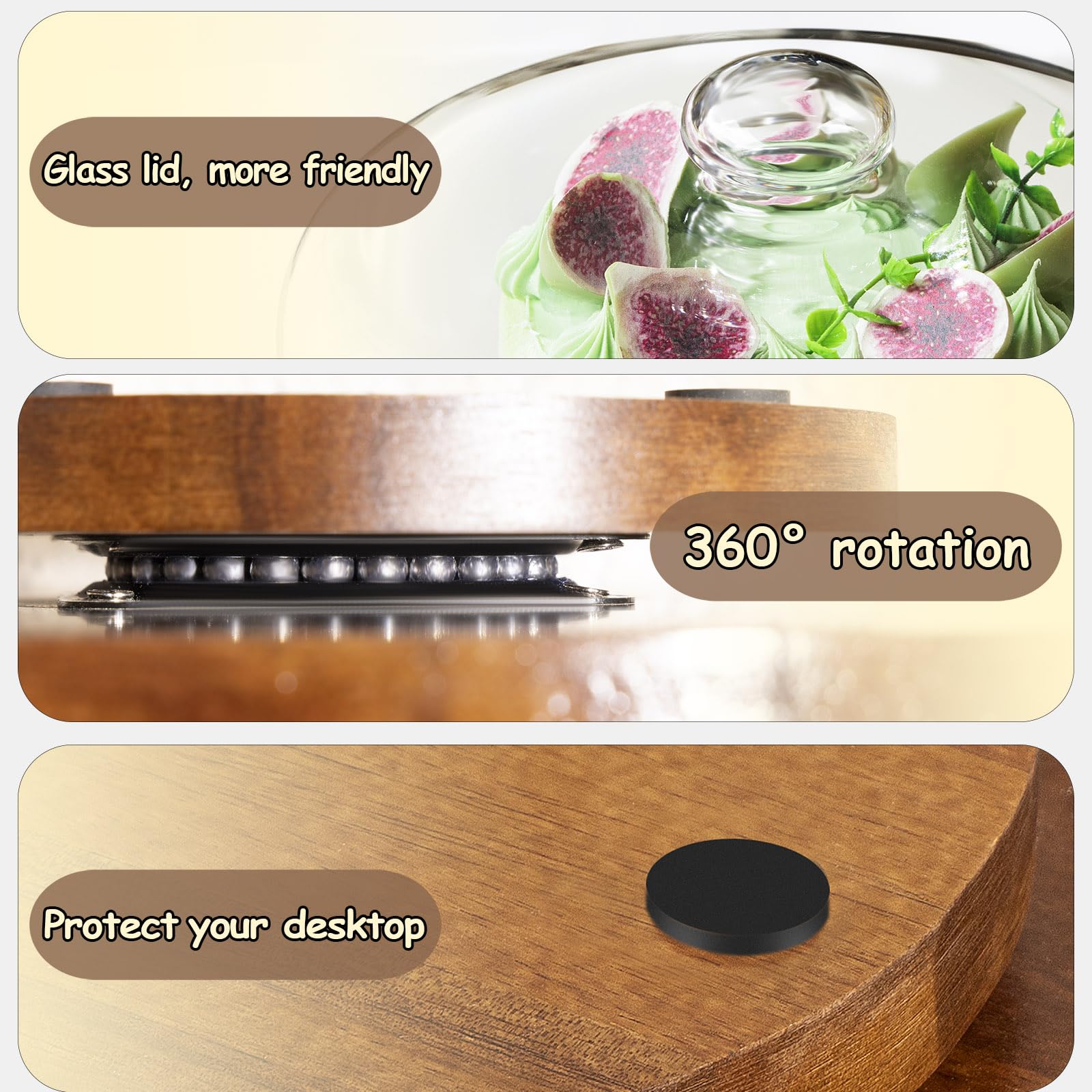 Yangbaga 11IN Wood Cake Stand with Dome Lid, Rotating Cake Stand with Glass Dome- Cake Plate with Cover for Baking Gifts/Birthda