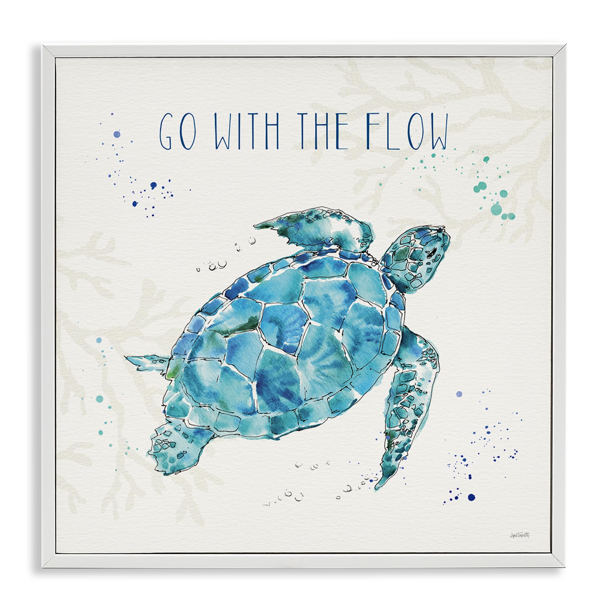 Stupell Industries Go With The Flow Quote Turtle Tortoise Blue Green Watercolor, Design By Anne Tavoletti White Framed Wall Art,