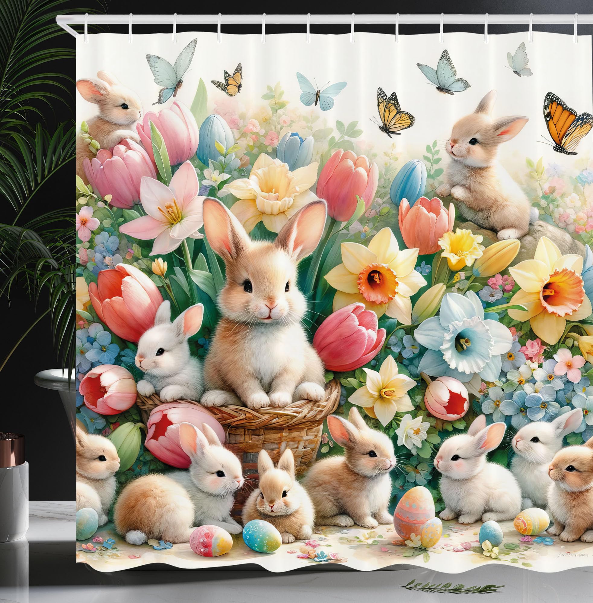 Ambesonne Spring Shower Curtain, Easter Bunnies Tulips Rabbits In Floral Scene Flowers With Butterflies, Cloth Fabric Bathroom D