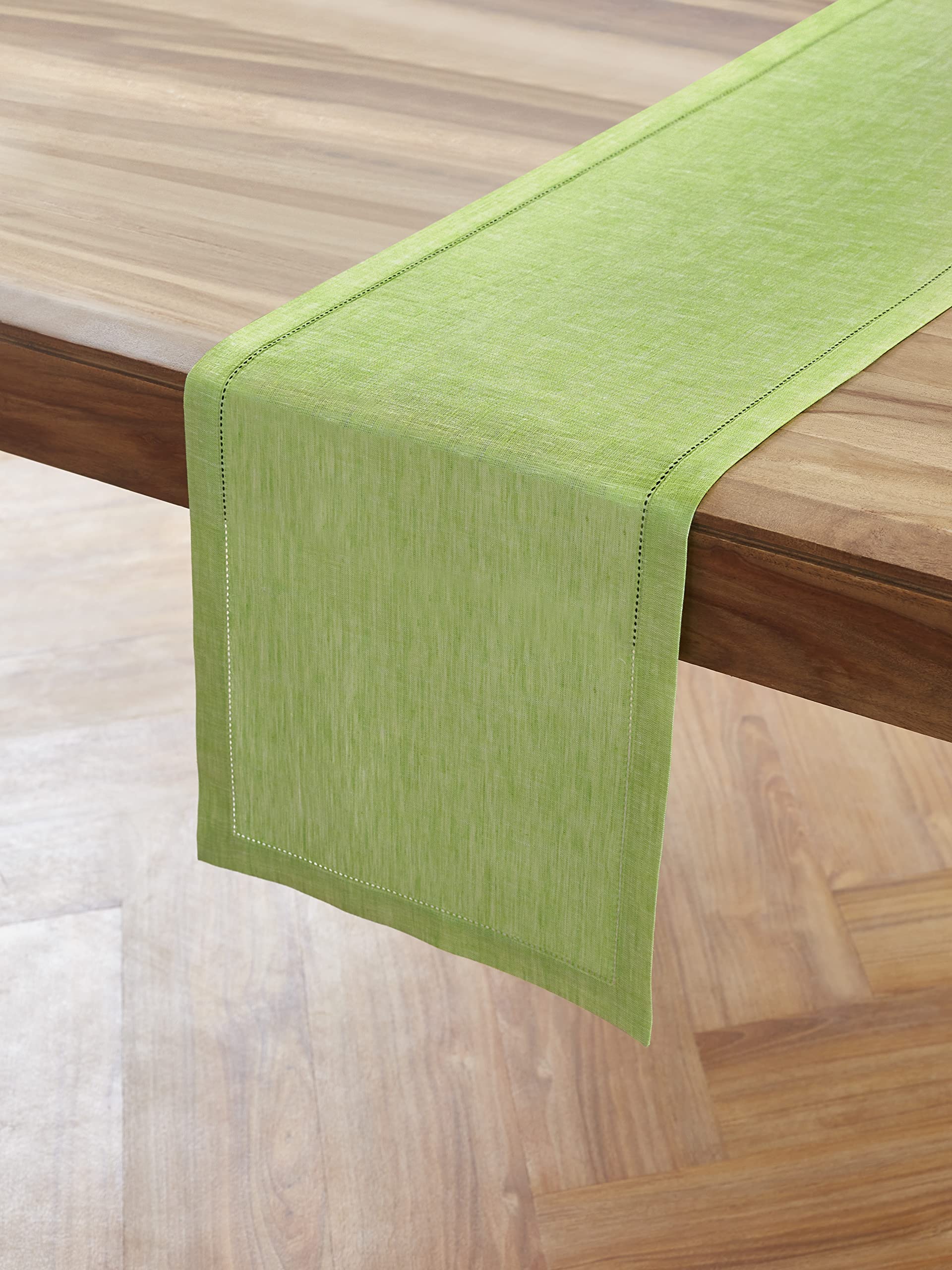 Solino Home Linen Hemstitch Table Runner - 14 x 72 Inch Chambray Lime Green - 100% Pure Linen Table Runner for Spring  Summer  Dining  Wedding - Milan  Handcrafted and Machine Washable