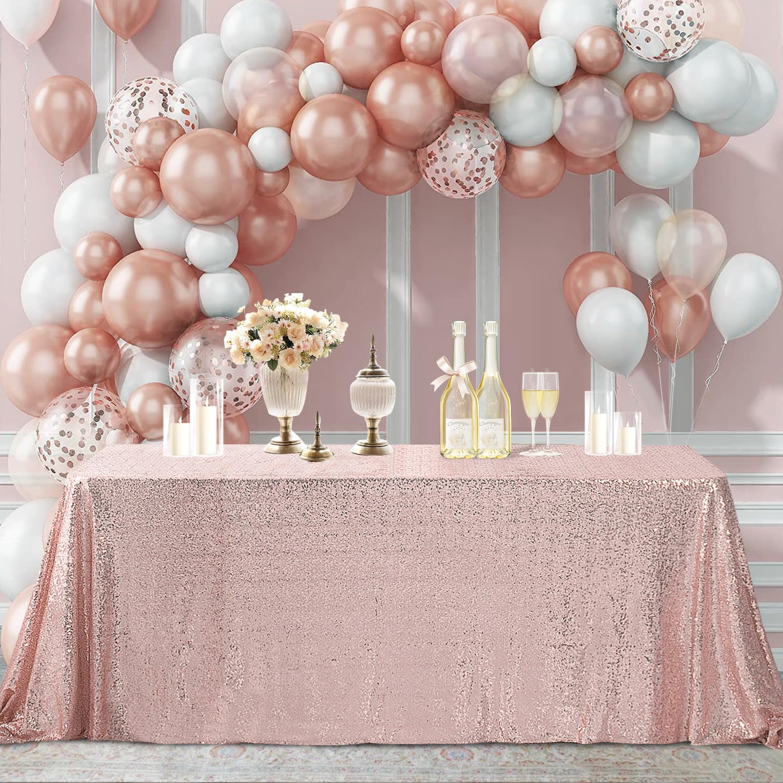 Hahuho 50x80 inch Rectangular Sequin Tablecloth Rose Gold  Glitter Tablecloth for Bridal Shower Decorations  Birthday  Wedding  Dessert  Banquet(50x80 Inch  Rose Gold)
