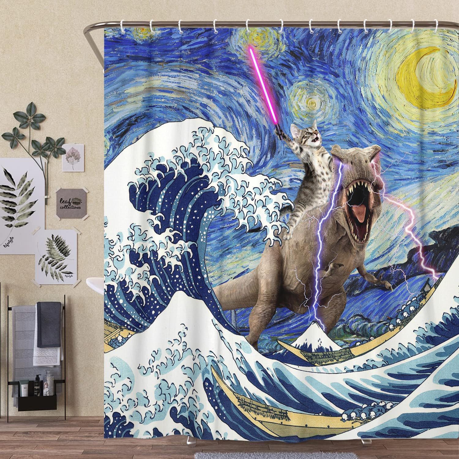 Xguatan Funny Cat Dinosaur Shower Curtain, Cool Cats Ride Dinosaur On Blue Teal Ocean Shower Curtain Set, Underwater Animal Fish