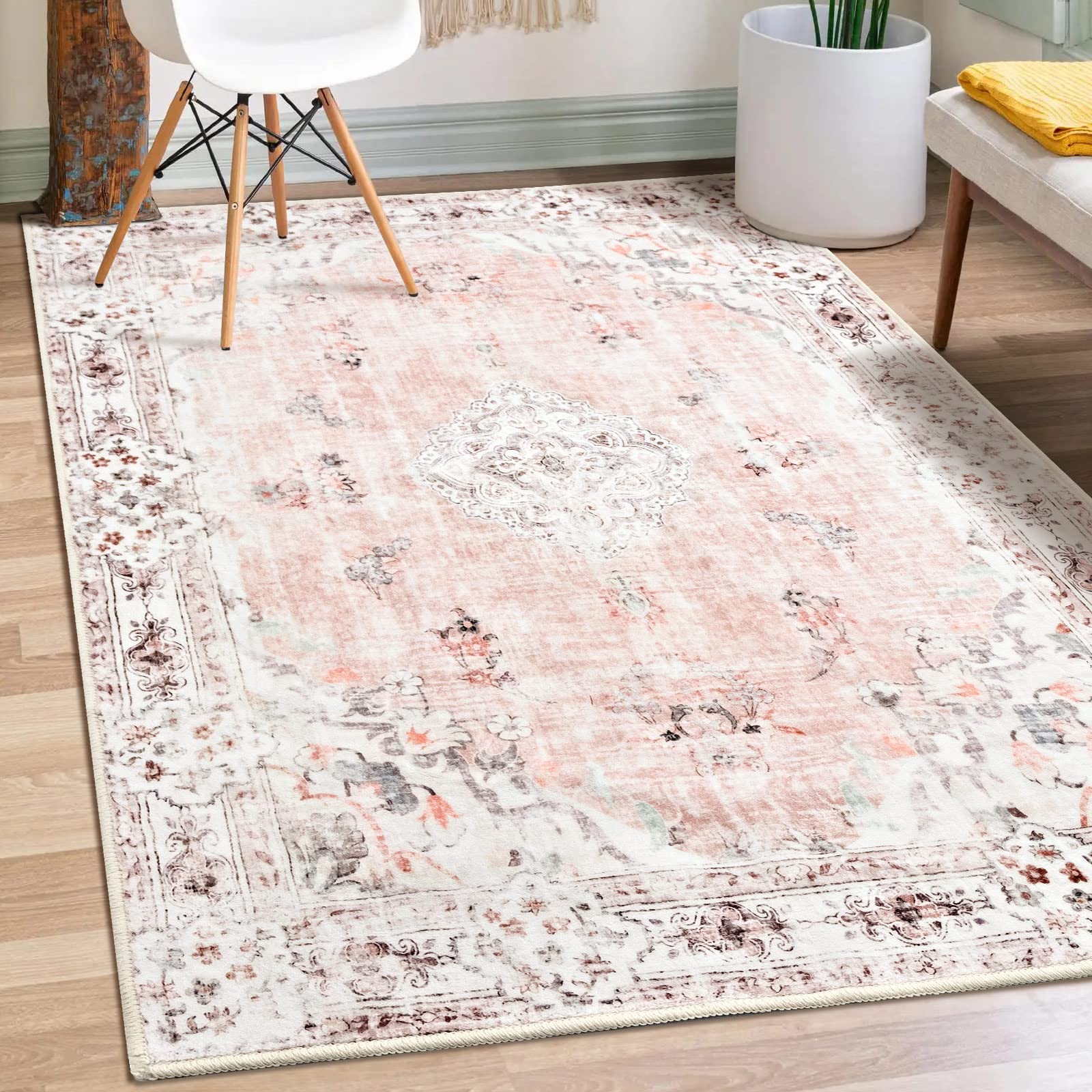 MUJOO Boho Area Rug 3x5 Machine Washable, Pink Small Non Slip Area Rugs for Entryway Bedroom Bedside Kitchen Hallway Living Ro