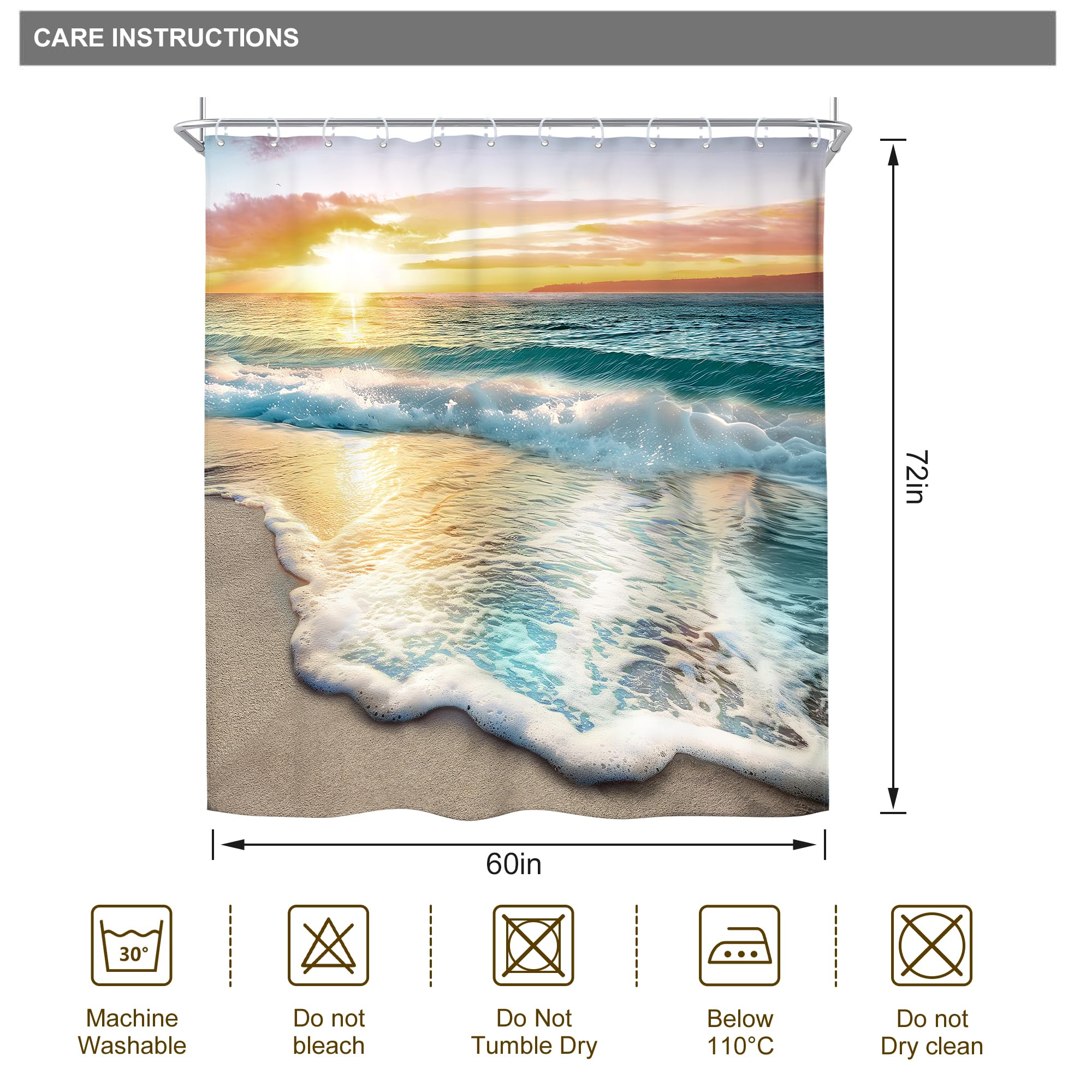 Riyidecor Ocean Beach Look Nature Scene Shower Curtain for Bathroom Sunrise Sunset 60 x 72 Inch Coastal Hawaiian Summer Sea Wave Seaside Island Blue Fabric Set Waterproof BB-JWXP