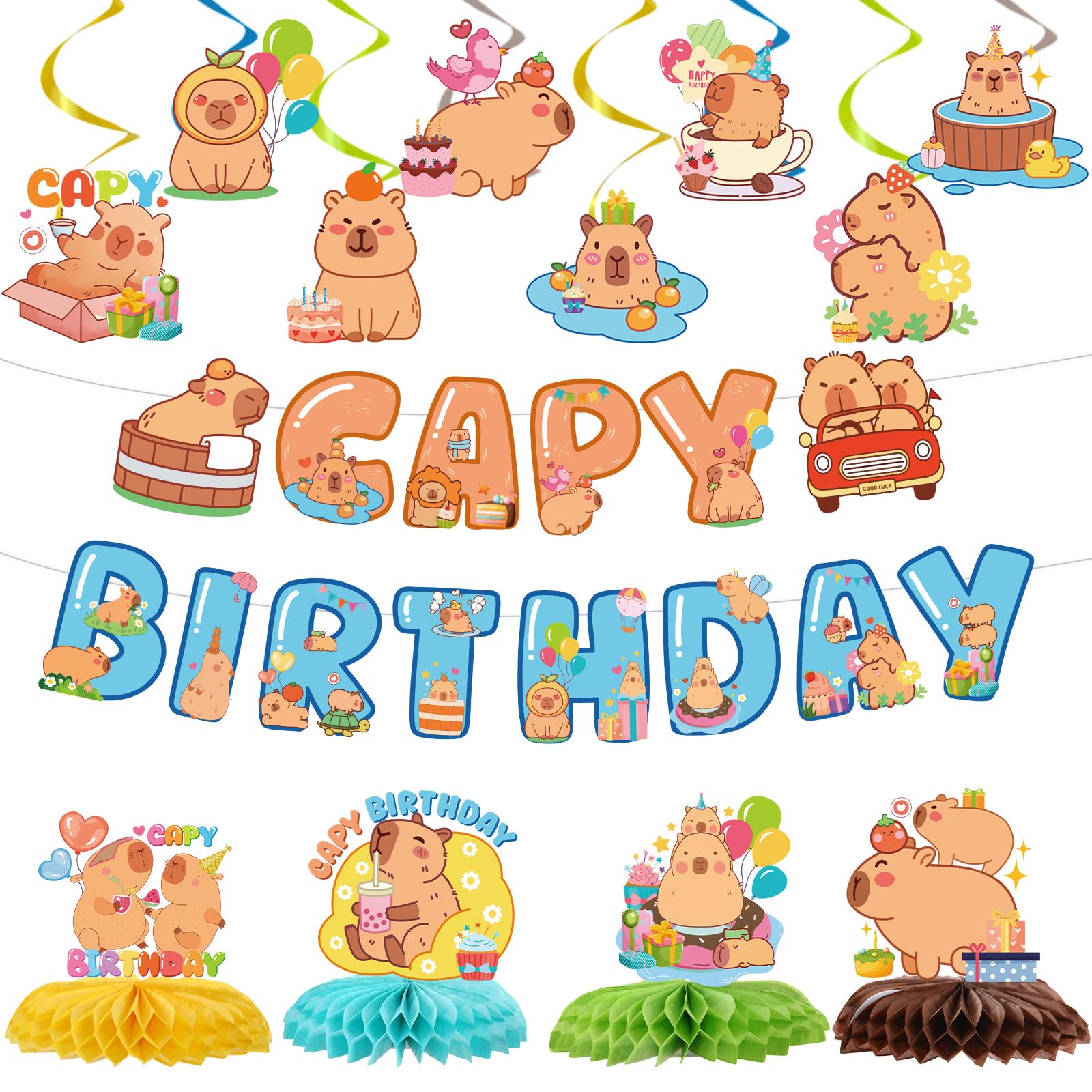Lovarywow Capybara Birthday Party Decorations - 14PCS Capybara Banners with Hanging Swirls Bday Decoration Cute Capy Animals Hon