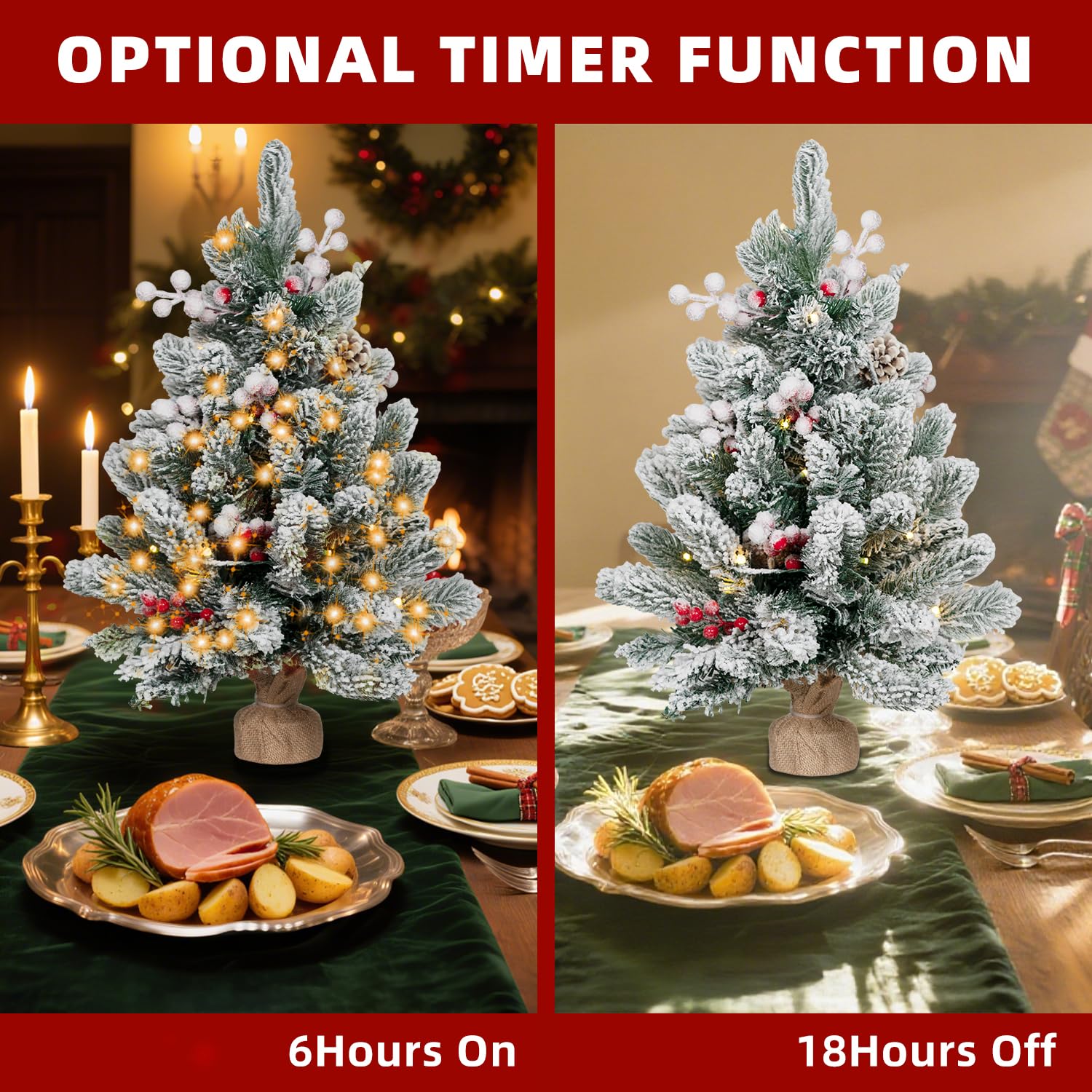 ININ 2FT Pre-lit Mini Christmas Snow Flocked Tree,Tabletop Artificial Christmas Tree with LED Lights, Small Xmas Pine Tree with