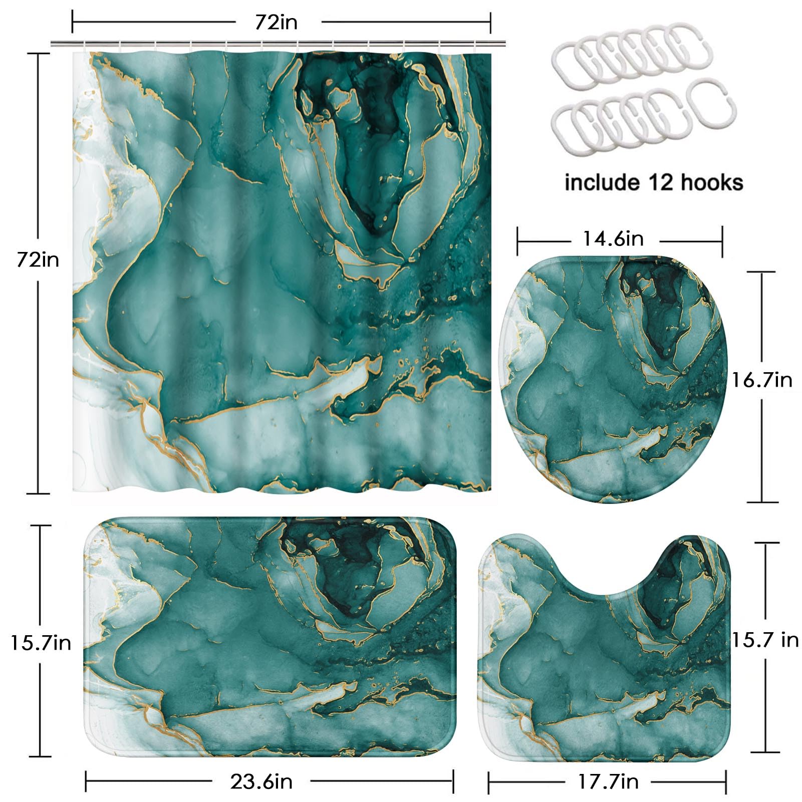 ArtSocket Green Marble Bathroom Set with Shower Curtain and Rugs Accessories  Green Gold Aquamarine Shower Curtain Set  Ocean Waves Shower Curtain for Bathroom  Abstract Bathroom Decor 4 Pcs