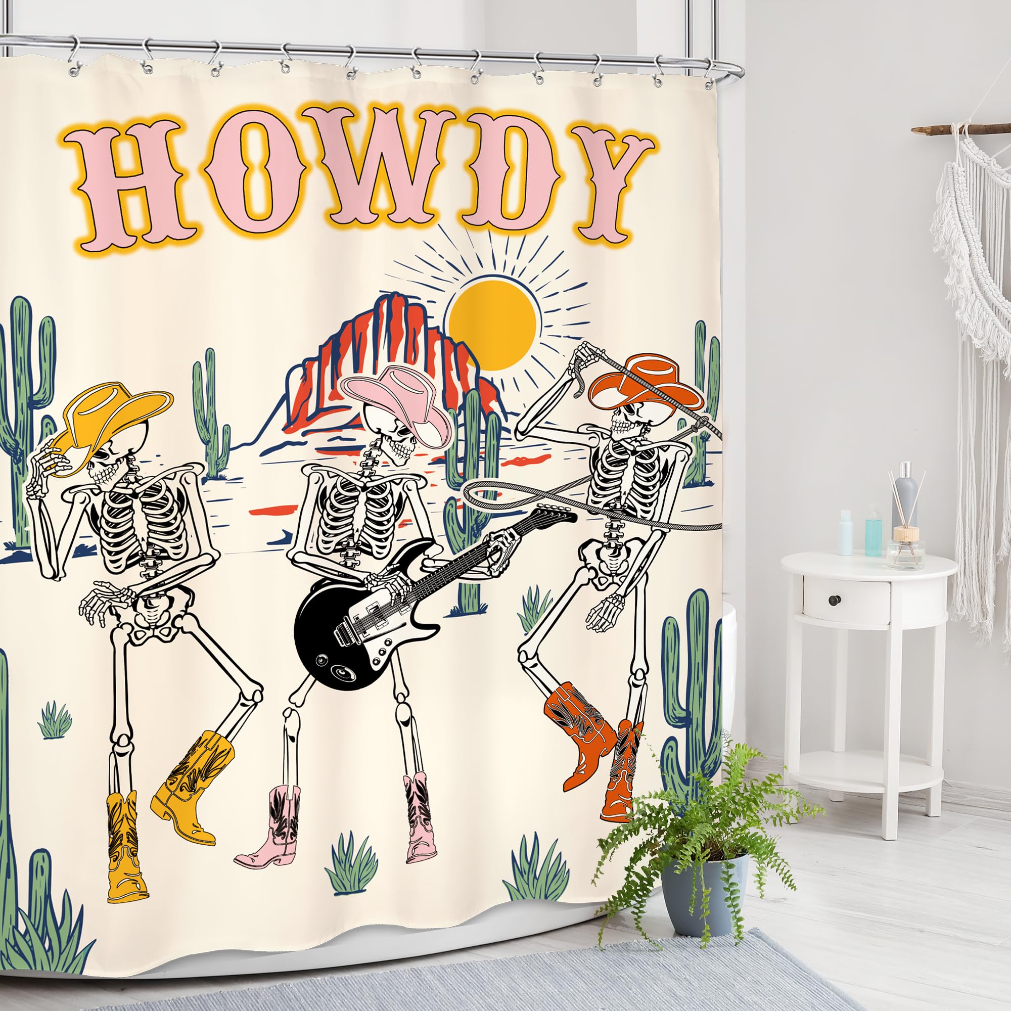 Mitpok Western Cowboy Skull Shower Curtain Funny Halloween Skeleton Retro Howdy Wild West Desert Gothic Guitar Rustic Mountain C