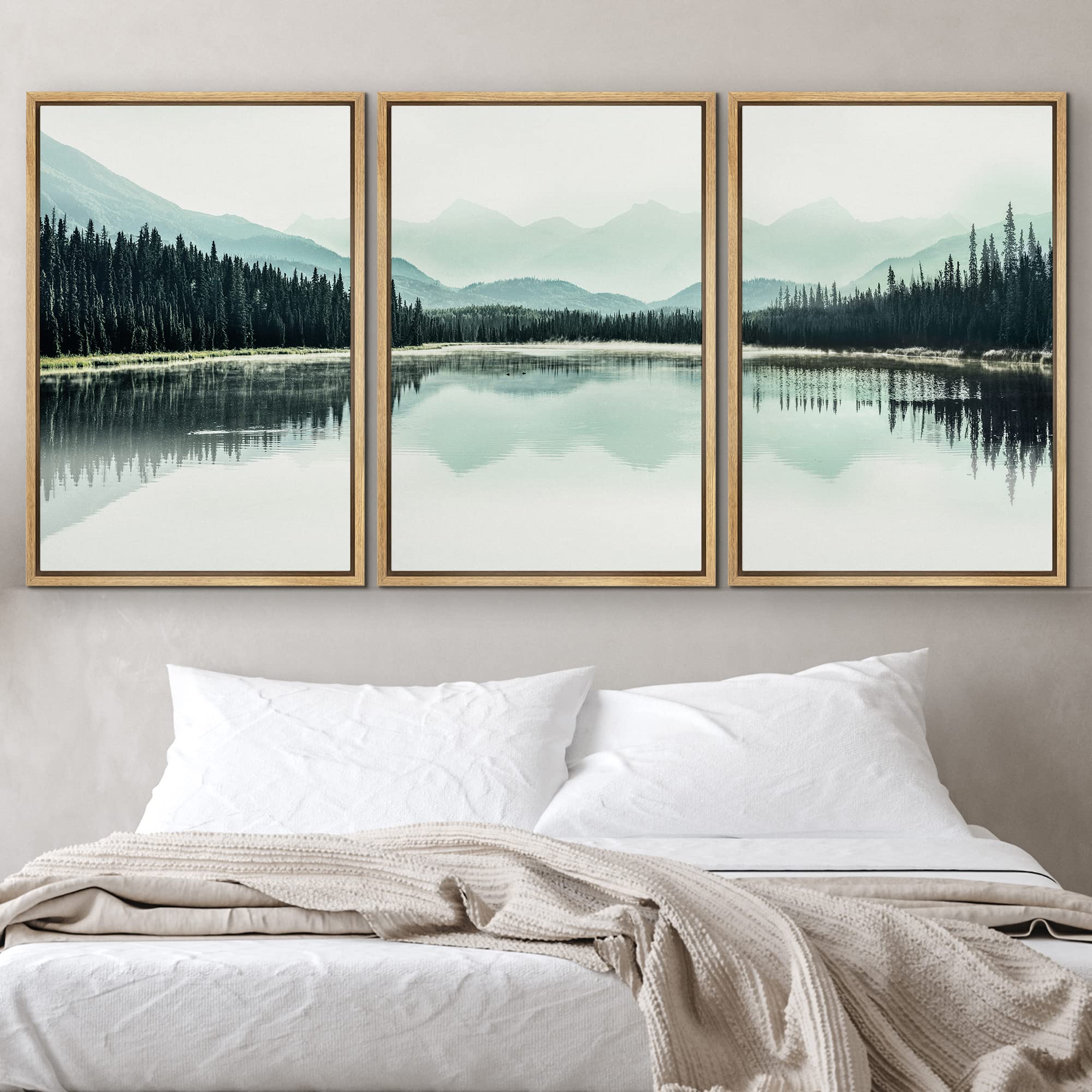 Nwt Framed Canvas Print Wall Art Set Teal Mountain Range Lake Forest Landscape Nature Wilderness Photography Modern Art Rustic S