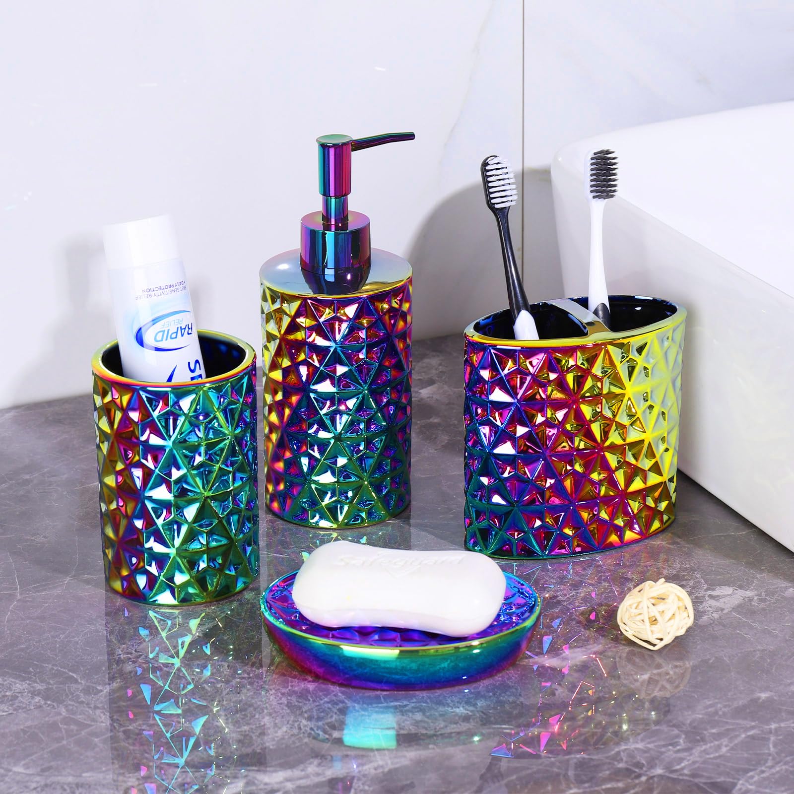 Rxlvcky Colorful Bathroom Accessories Set 4 Pcs, Lotion Soap Dispenser, Soap Dish, Toothbrush Holder, Tumbler, Countertop Vanity