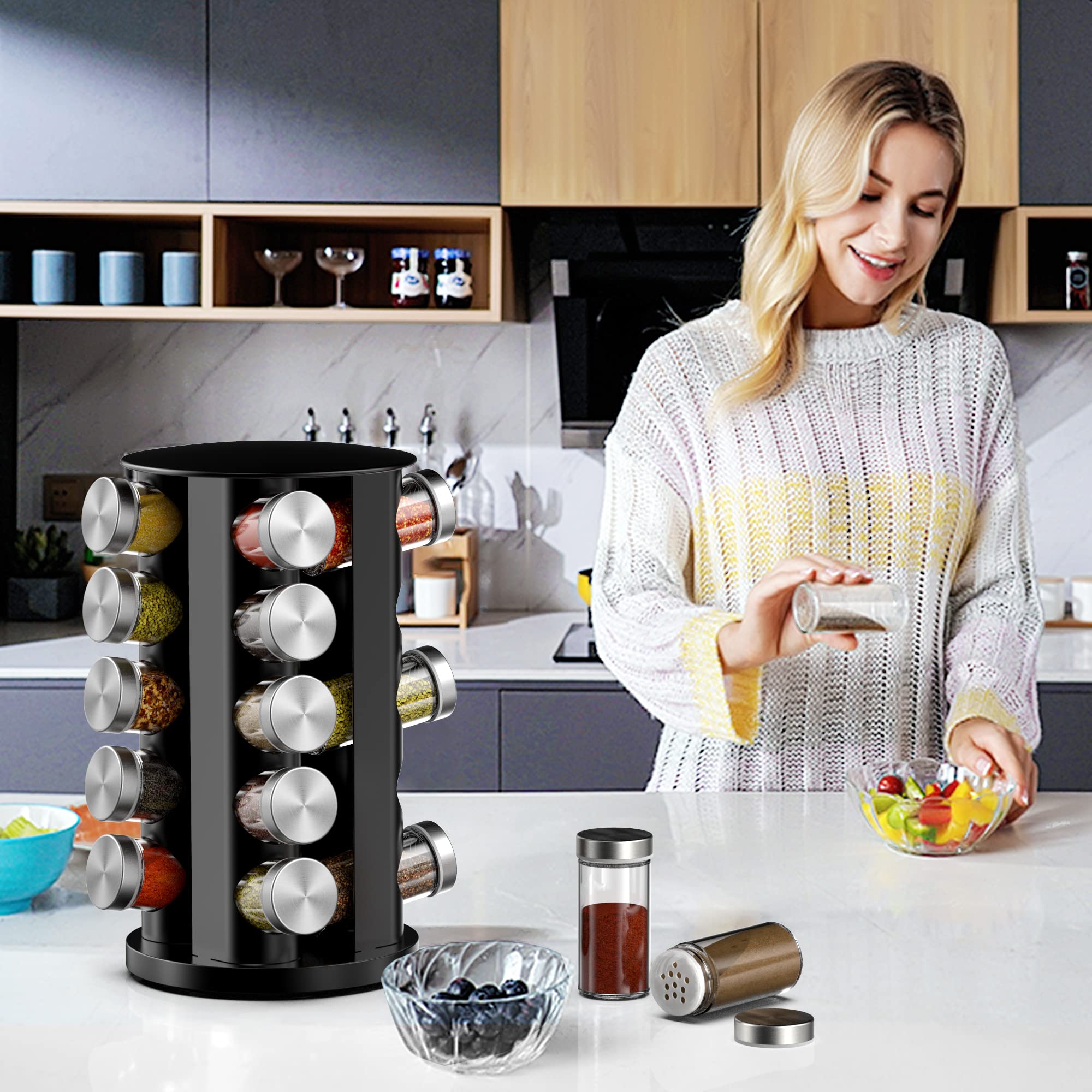 Handisen Rotating Spice Rack Organizer with 20 Jars, Black Spinning Storage for Kitchen Countertop