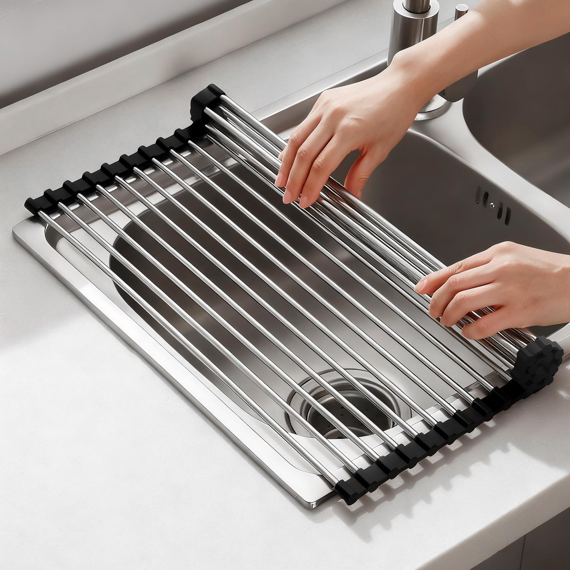 NEZUIBAN Dish Drying Rack with Roll Up and Over Sink for Kitchen,17.5x15.7,Black