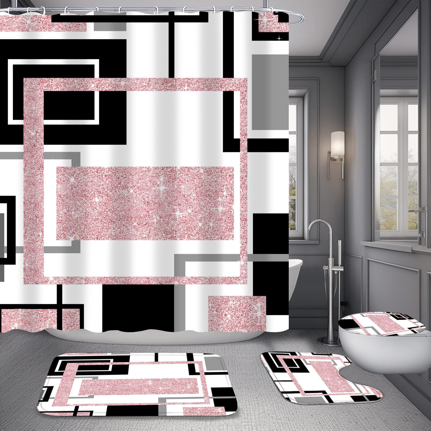 Yddsky 4 Pcs Pink Geometric Shower Curtain Sets Non-Slip Bath Rugs, Toilet Cover, U-Shaped Mat, Pink Geometric Modern Bathroom D