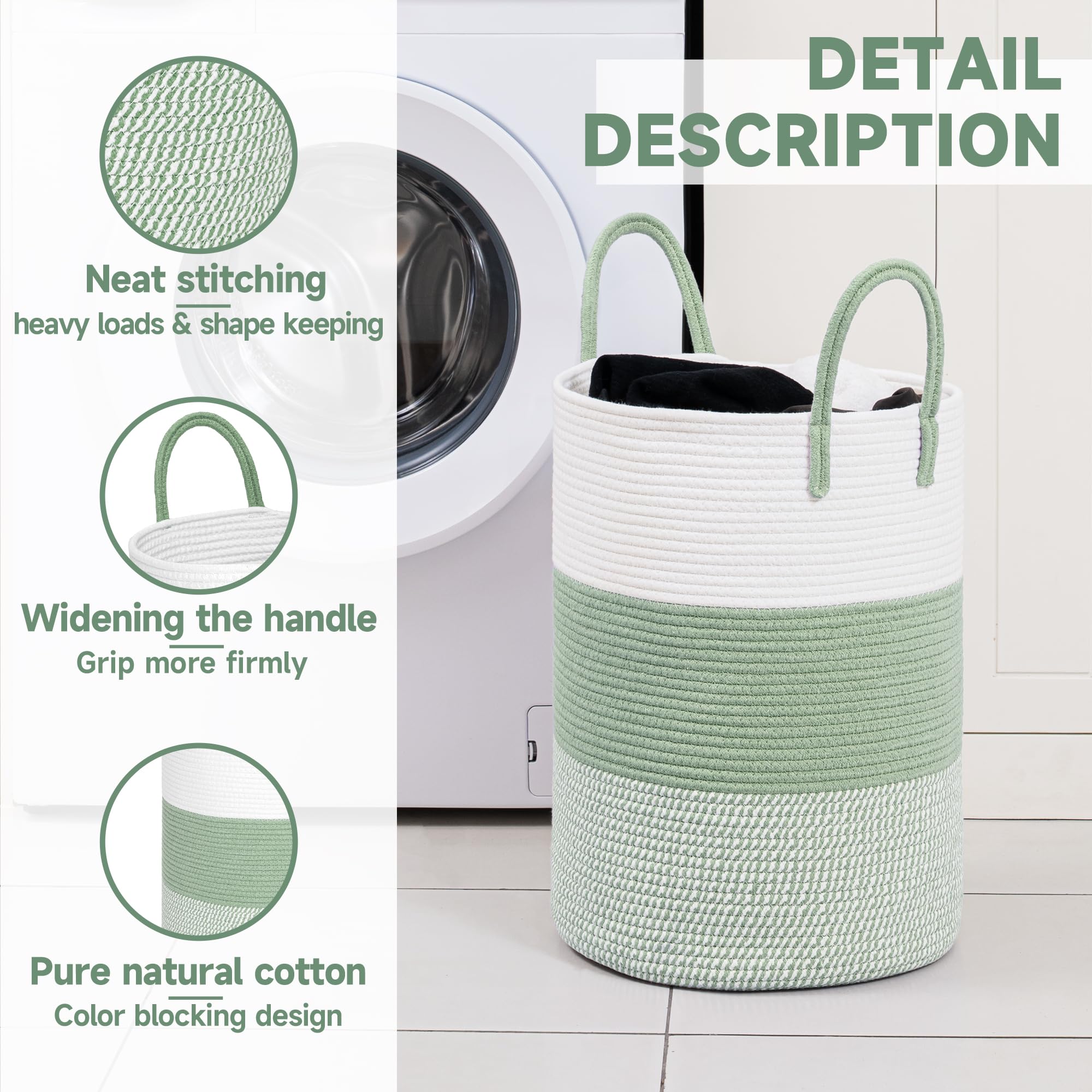 Clhmily&Z 40L Laundry Basket Round Storage Rope Basket - 13X18 Inches - Green Hamper In Bedreoom And Cute Storage Bin For Blanke
