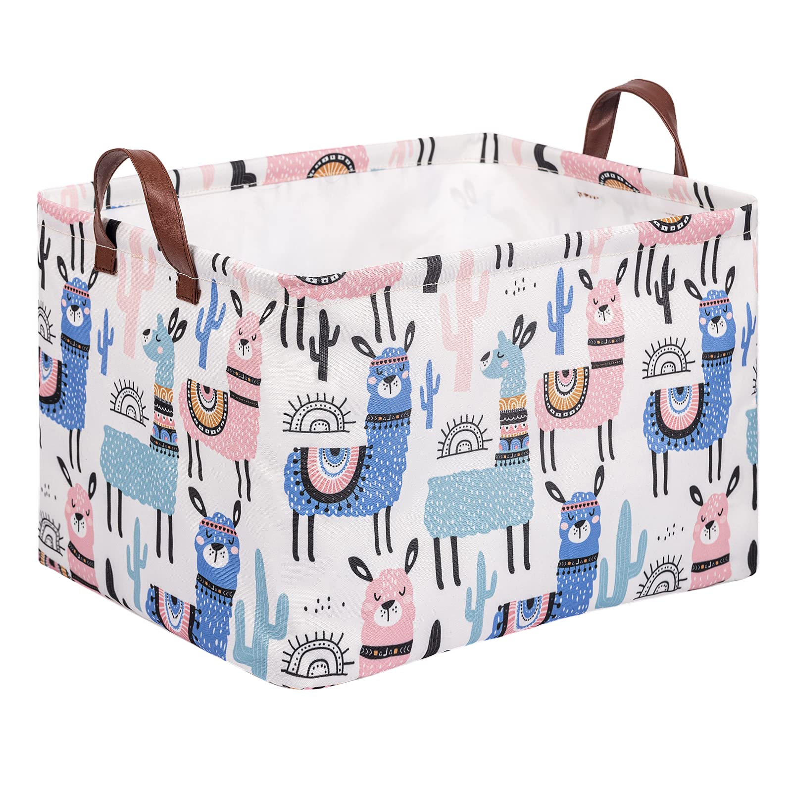 Llama Storage Bin Basket Collapsible With Leather Handles Waterproof Canvas Storage Cube Box For Closet Toys Clothes Nursery Roo