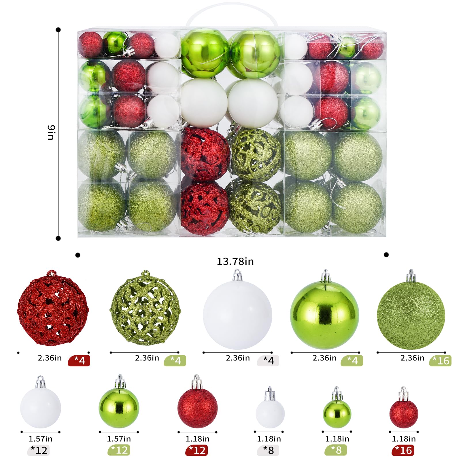 Christmas Balls Tree Ornaments Set, Shatterproof Xmas Decorations Set with Reusable Hand-held Gift Package for Holiday Indoor Tr