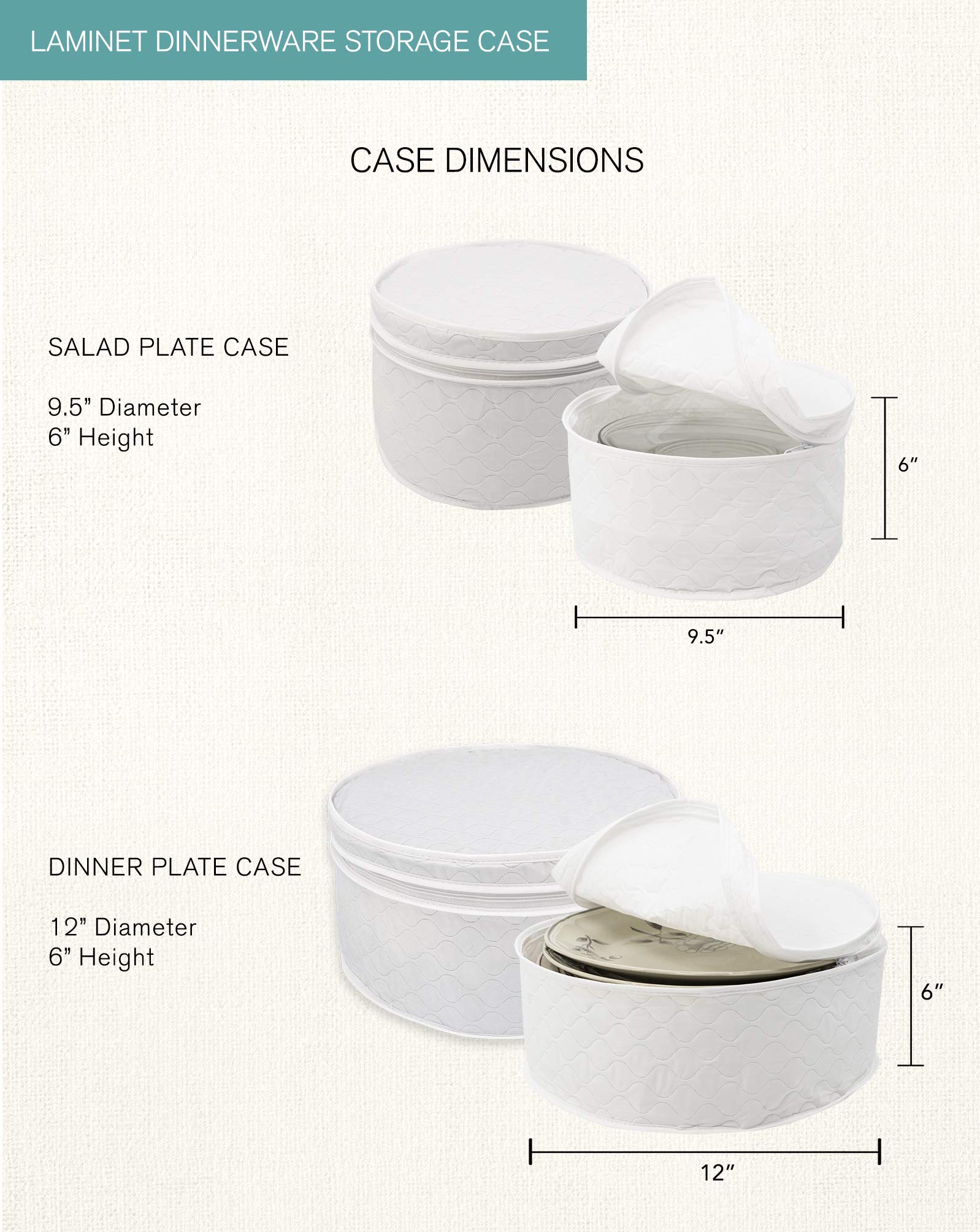 LAMINET 6 Piece Quilted Dinnerware Storage Starter Set - Includes 4 Plate Cases, 1 Cup Case & Platter Case - WHITE