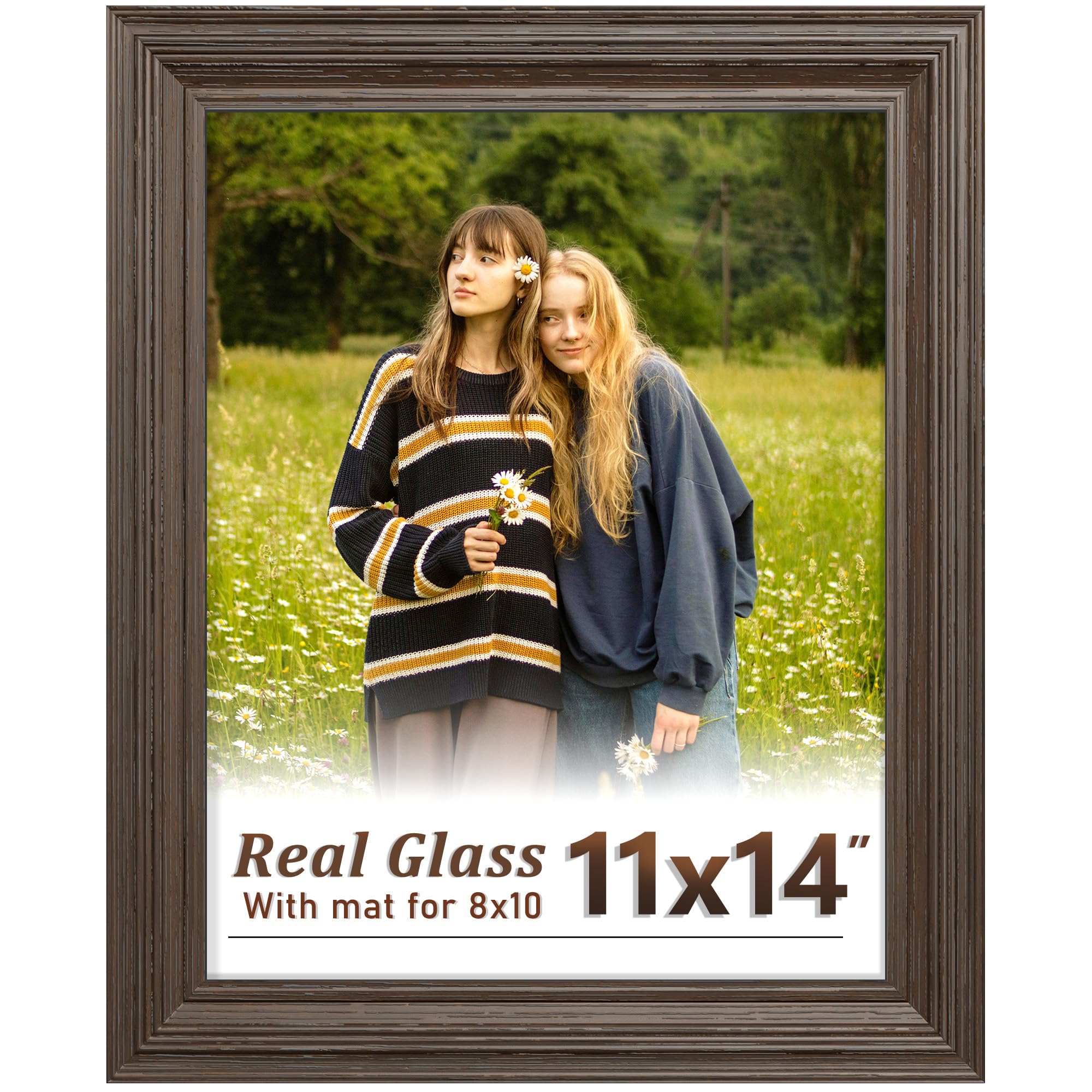 Tinkeps 11x14 Brown Picture Frame - Real Glass, Classic Thick Frame Display Pictures 8x10 with Mat or 11 x 14 without Mat, Wall 