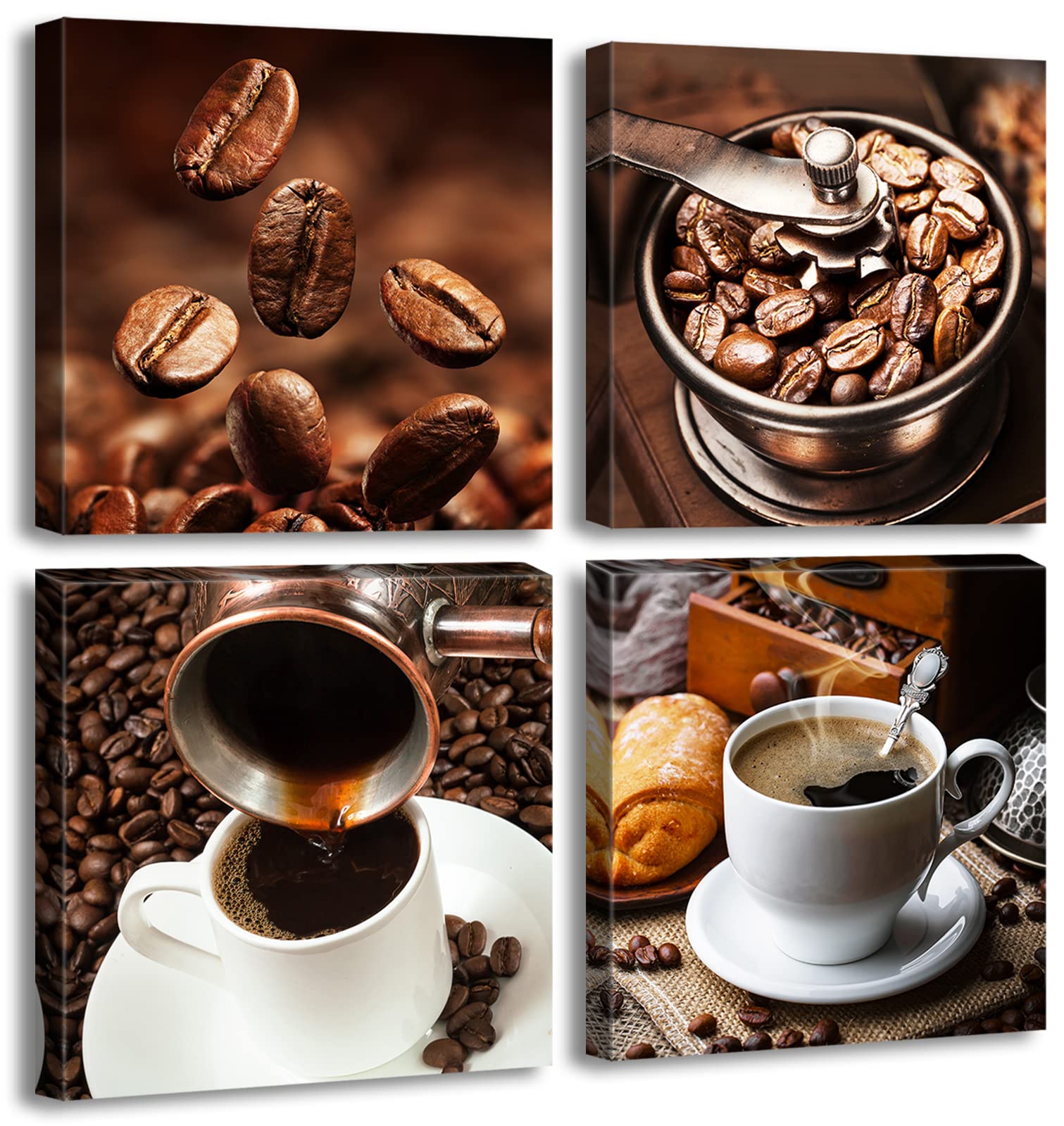Kitchen Wall Art Coffee Decor Canvas Prints Coffee Cup Latte Mocha Cafe Drinking Pictures Brown 4 Panel Modern Artwork For Dinin