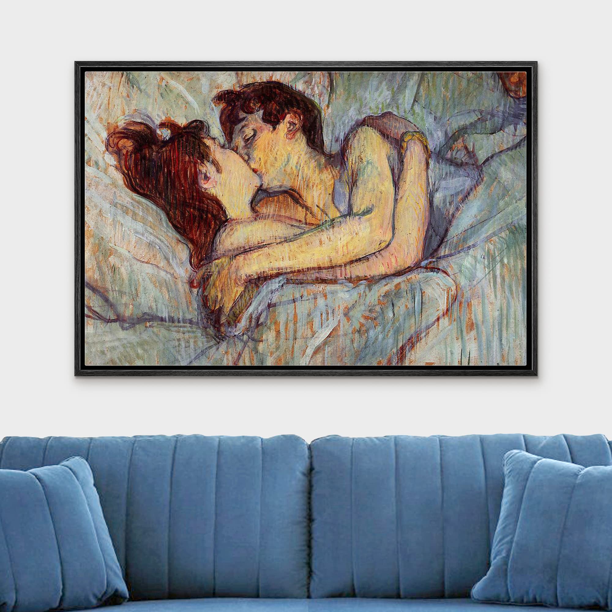Wall26 - In Bed The Kiss By Henri De Toulouse-Lautrec - Framed Canvas Print Wall Art Famous Painting Reproduction - 24''X36'' Bl
