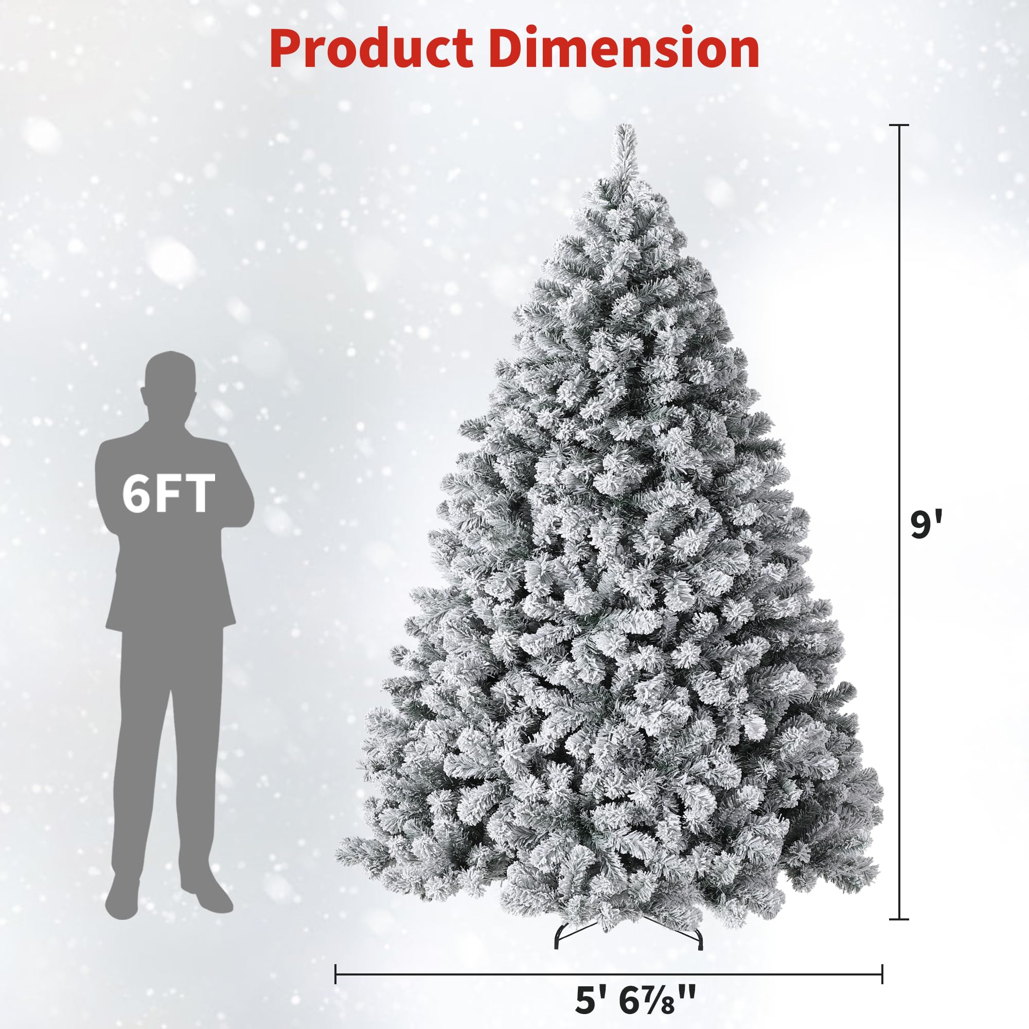 9FT Prelit Fluffy Snow Flocked Fraser Fir Artificial Christmas Tree with Warm White Lights, Hinged Branches, 2000 Tips, Artifici