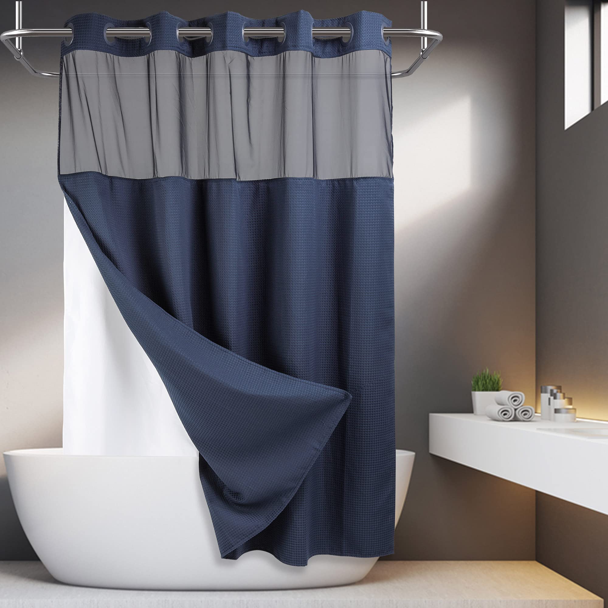 No Hooks Required Waffle Weave Shower Curtain With Snap In Liner - 71W X 74H,Hotel Grade,Spa Like Bath Curtain,Navy