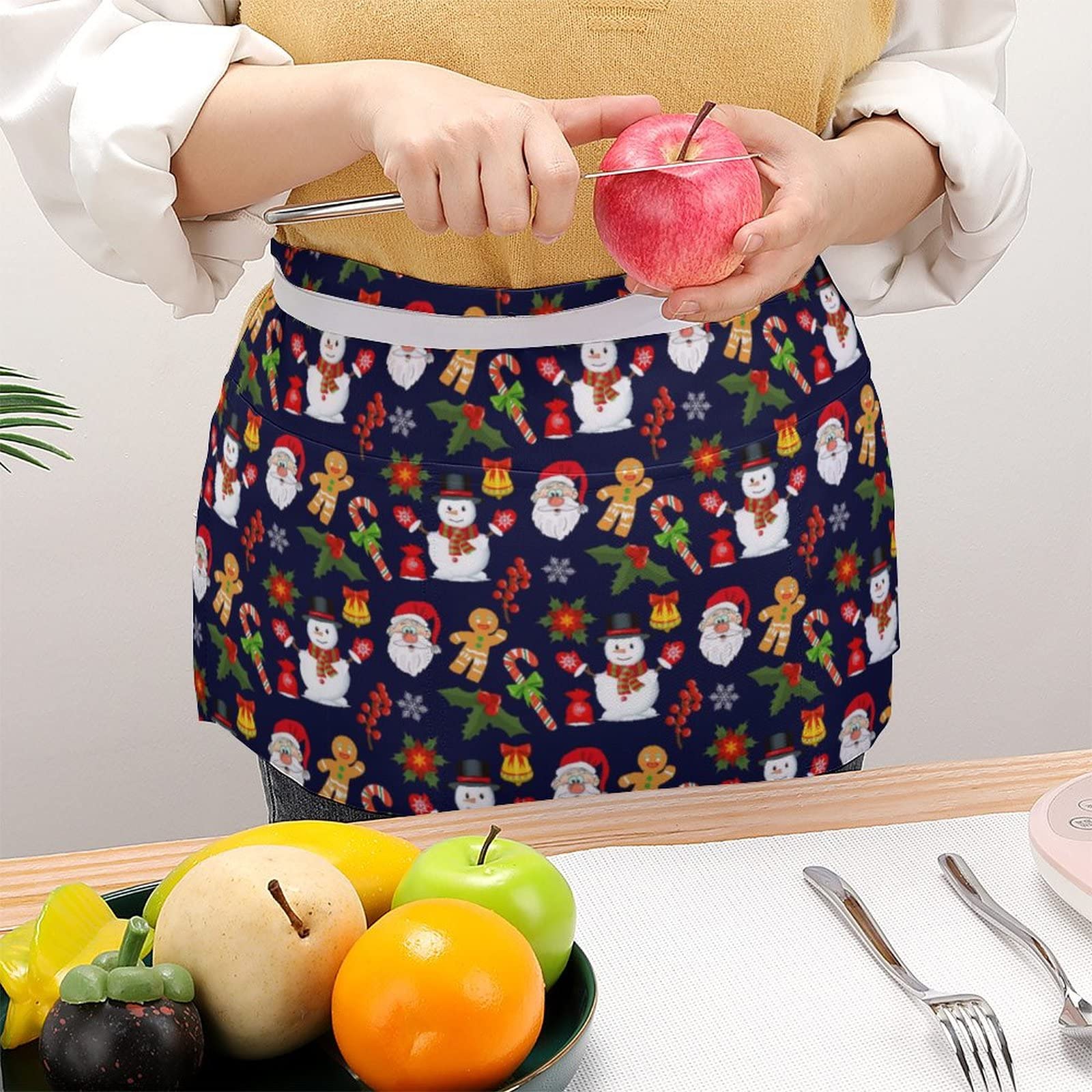 Merry Christmas Half Waist Apron With 3 Pockets Adjustable Chef Cooking Serving With Long Strap Aprons For Women Men Kitchen Res