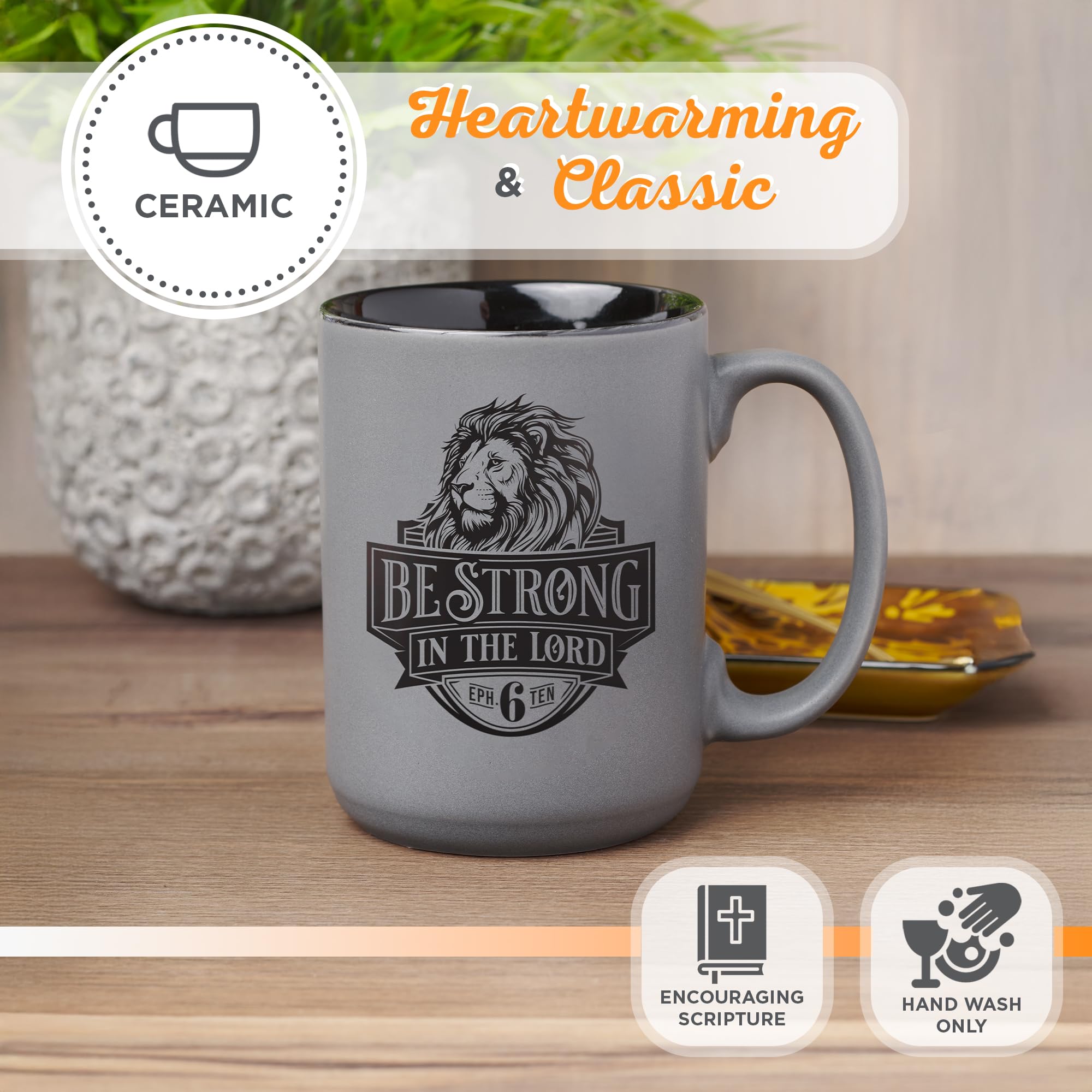 Christian Art Gifts Large Ceramic Coffee & Tea Mug for Men & Women: Be Strong Bible Verse, Gray & Black, 14 oz.