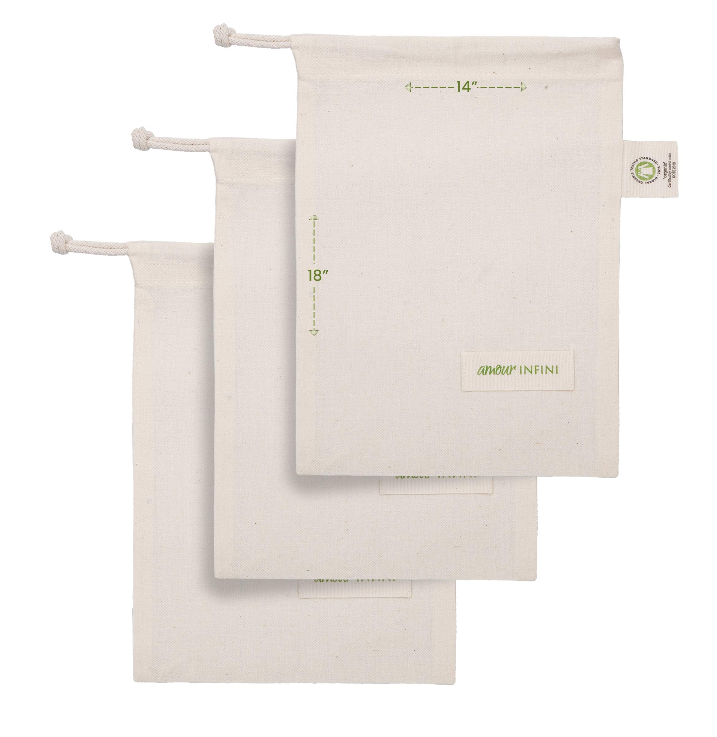Amour Infini Reusable Organic Cotton Grocery Bags |Biodegradable,Safe,Washable Produce Bags With Tare Weight & Drawstrings|Set O