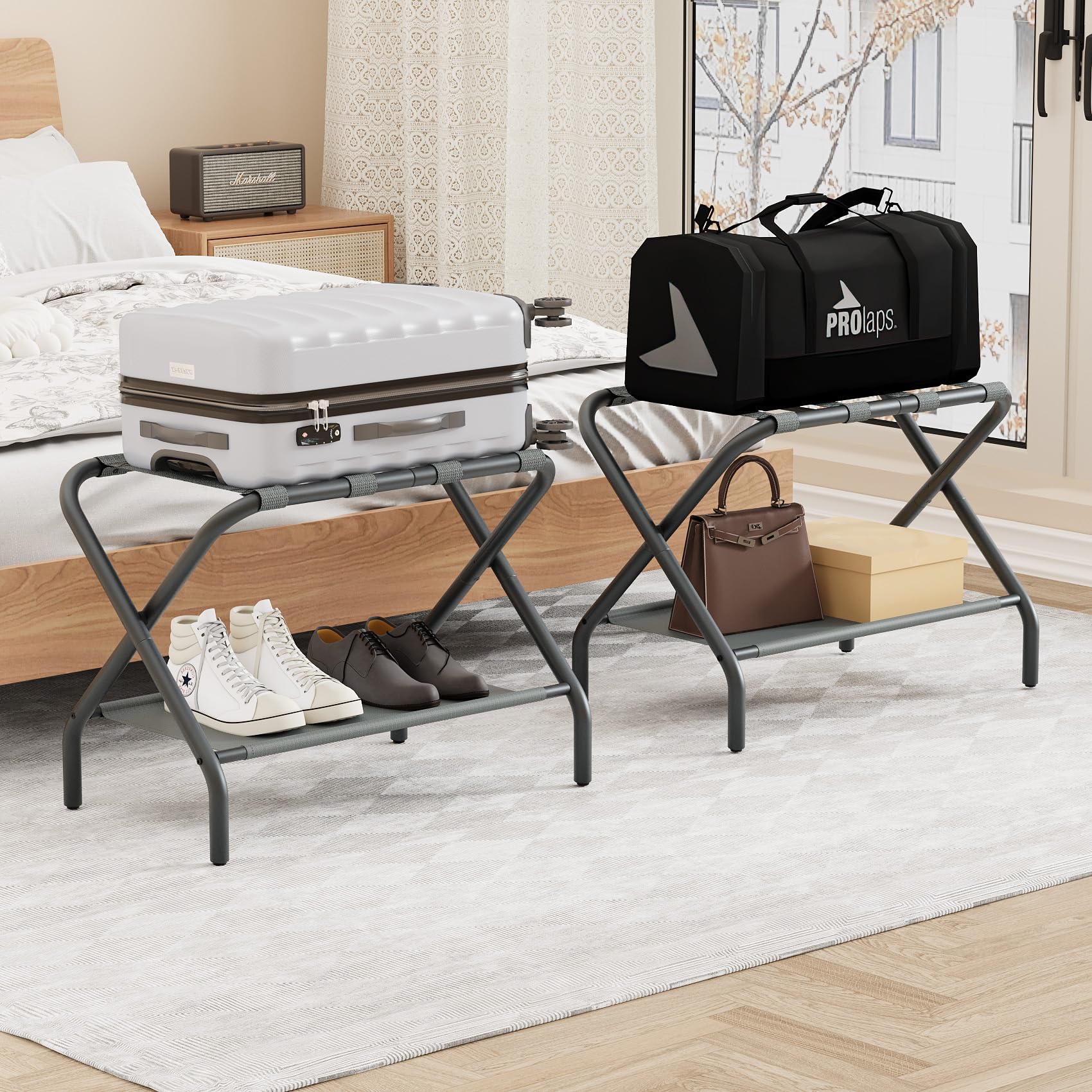 Smuxee Copper Luggage Rack Pack Of 2, Foldable Suitcase Stand With Fabric Storage Shelf, Luggage Holder With 4 Nylon Straps For