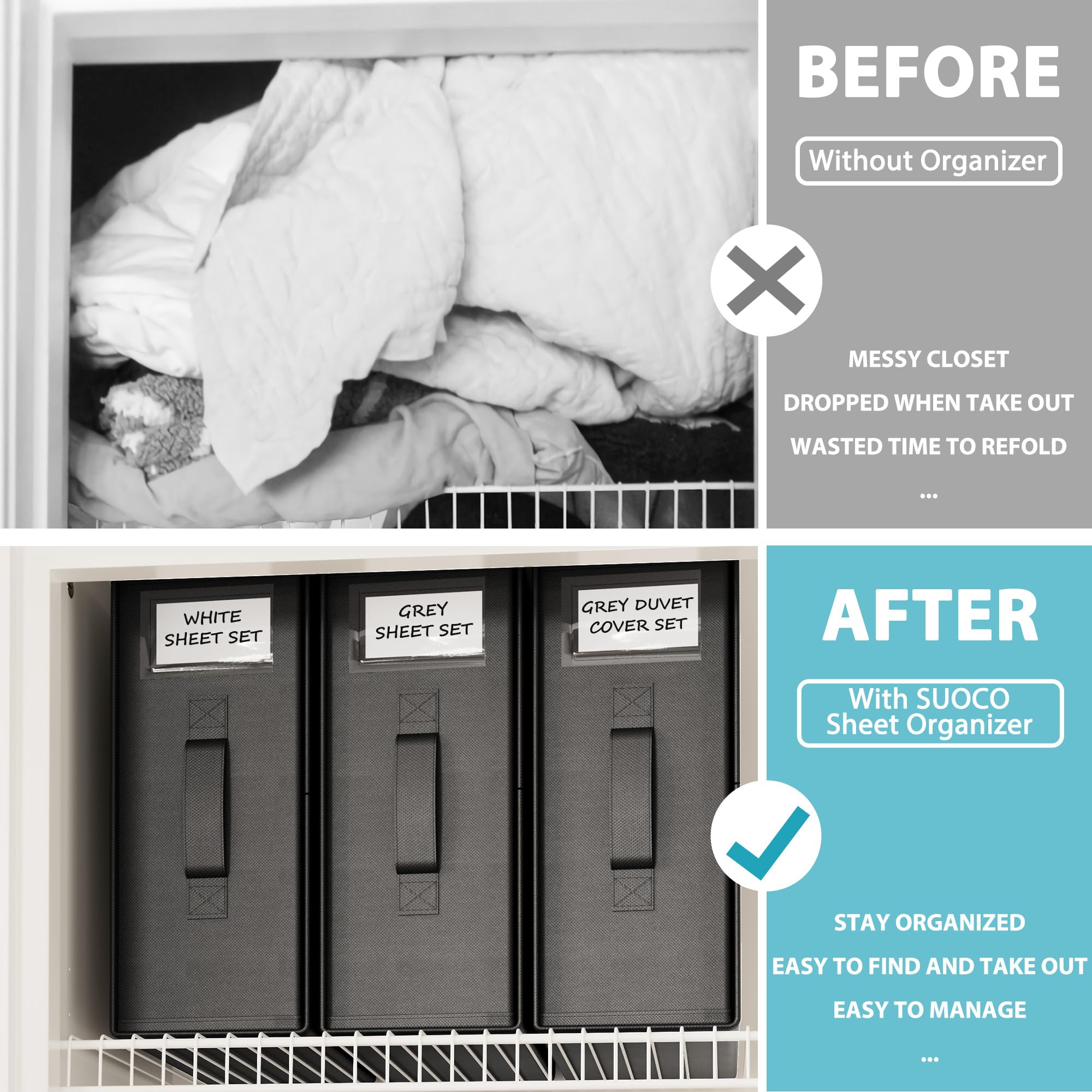 SheetCube 4 Pack Bed Sheet Organizers and Storage, Foldable Bedding Storage Box Container with Window and Label, Linen Closet Or