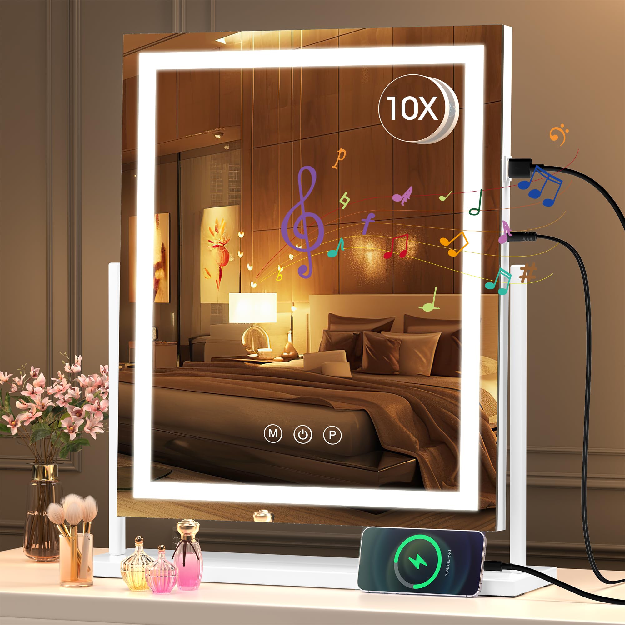 Hasipu Makeup Mirror With Lights And Bluetooth Speaker,With 10X Magnifying Glass 14'' X 18'' Vanity Mirror With Smart Touch 3 Co