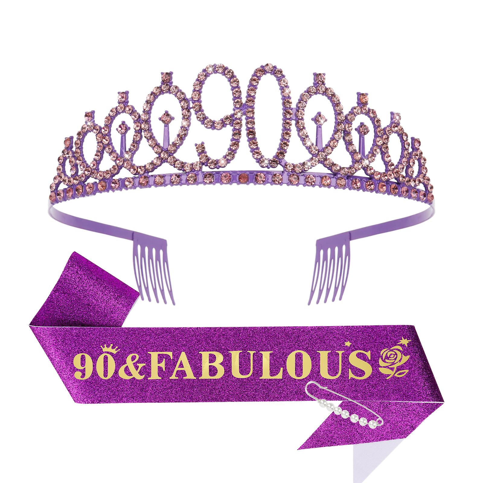 Casoty 90th Birthday Sash and Tiara, 90th Birthday Decorations for Women, 90 & Fabulous Sash and Crown Set, Party Supplies for W