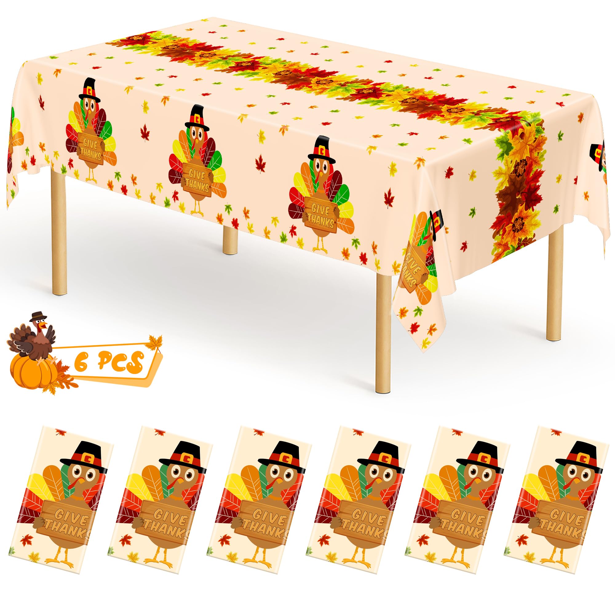 6 PACK Thanksgiving Disposable Tablecloths, 54 x 108 Fall Plastic Tablecloth, Maple Leaves Turkey Table Cloth Rectangle Tablecov