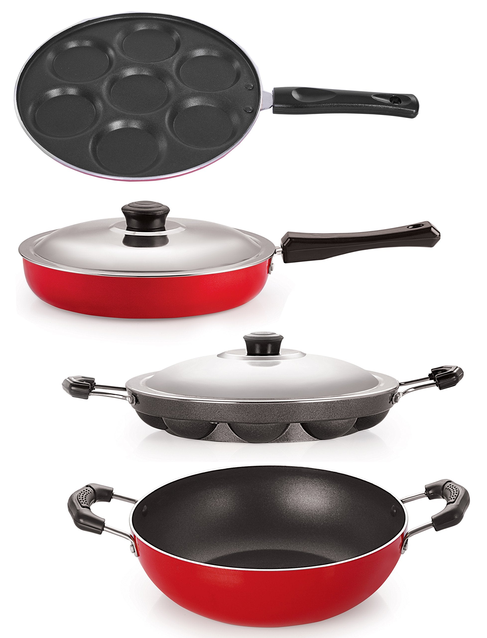 Nirlon Non Stick 4 Piece Combo Set Aluminium Red & Black