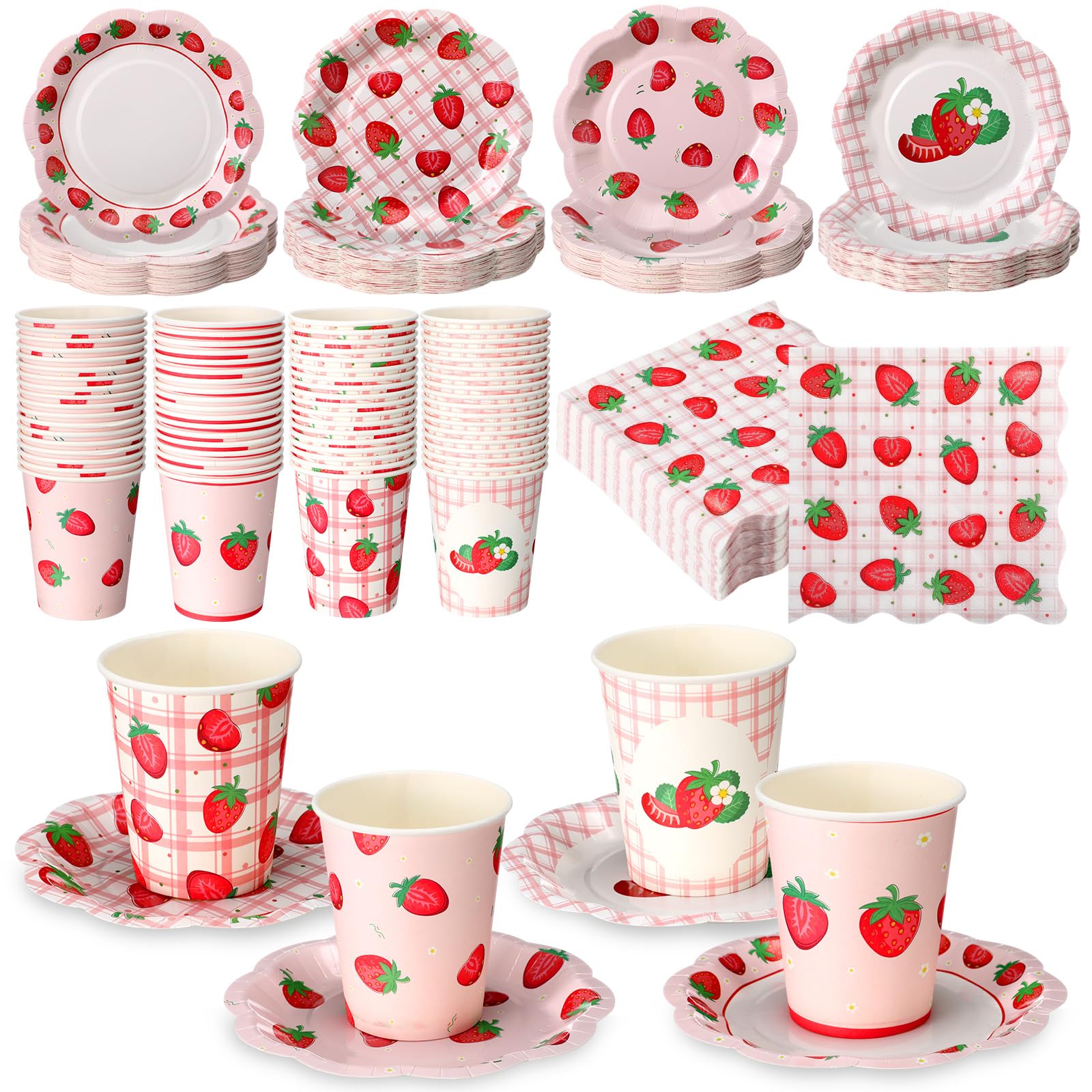 Yungyan 108 Pcs Strawberry Paper Plates and Napkins Party Supplies Serve 36 Guest Strawberry Birthday Party Decoration Disposabl