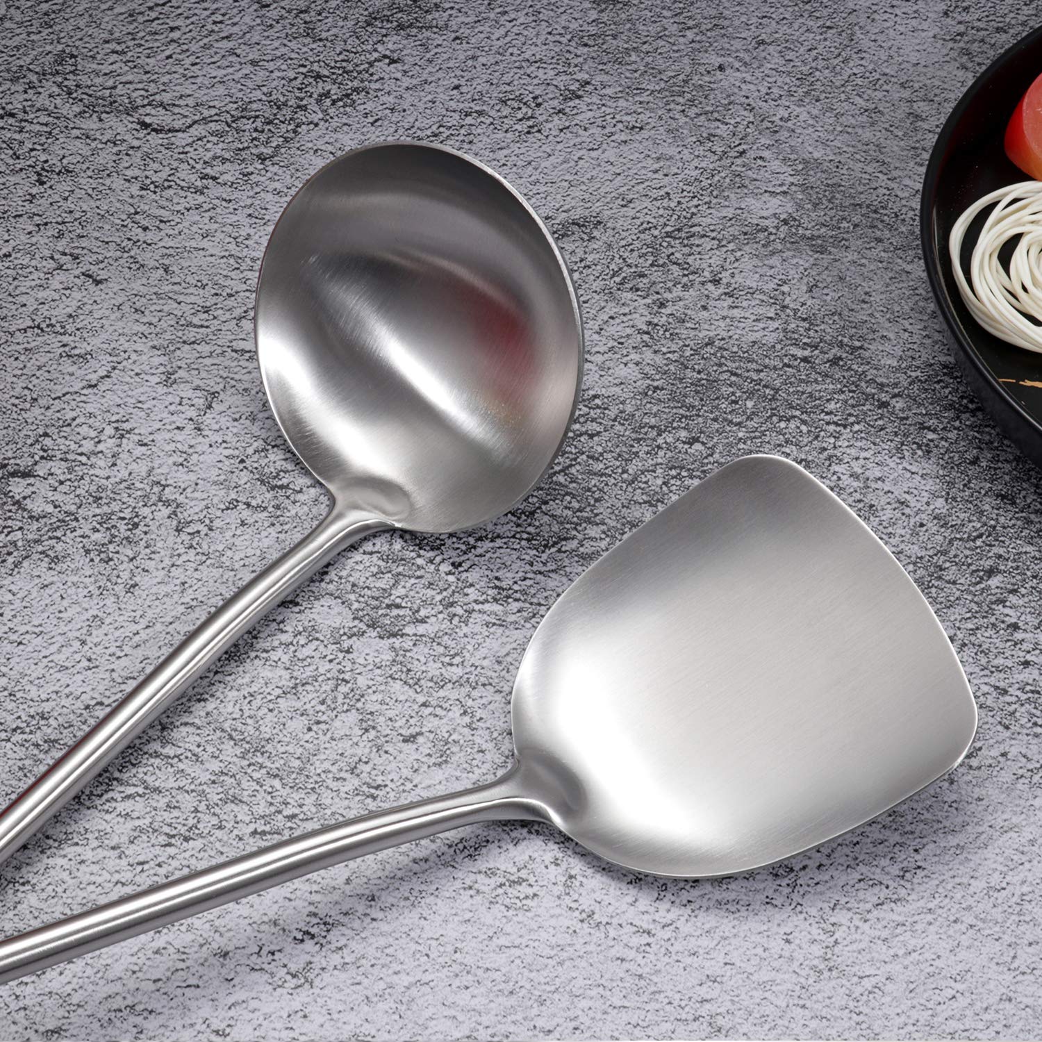 Wok Spatula & Ladle Tool Set, Aoosy 18/10 Stainless Steel Cooking Utensils, Wooden Handle Wok Utensils Soup Ladle 15 Inches Set