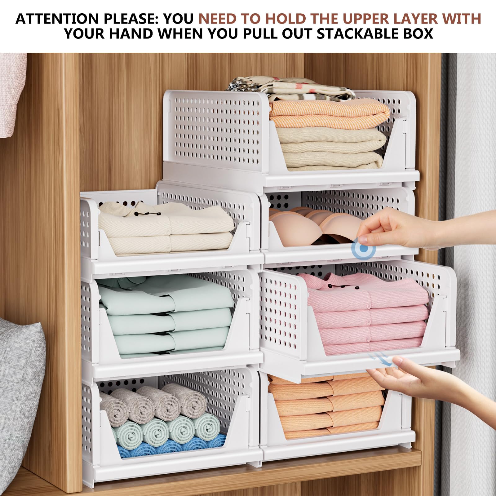 5 Pack Folding Closet Organizers Storage Box, Stackable Storage Bins, Plastic Drawer Basket Closet Storage For Wardrobe Cupboard