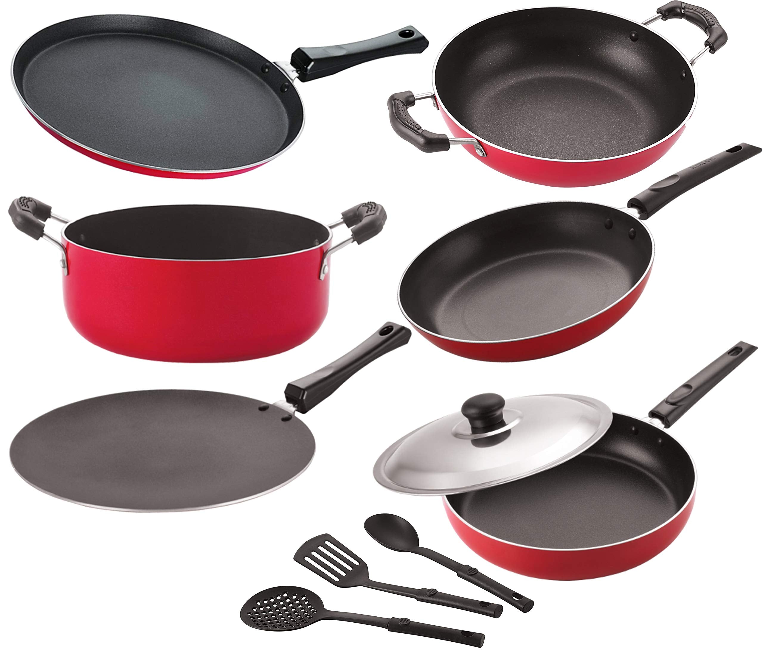 Nirlon Gas Compatible NonStick Non Induction Aluminium Cookware Set Of 9 Pieces |26_Ft13_Kd13_Tp_Ft11_Cass20_Fp12_3Spn