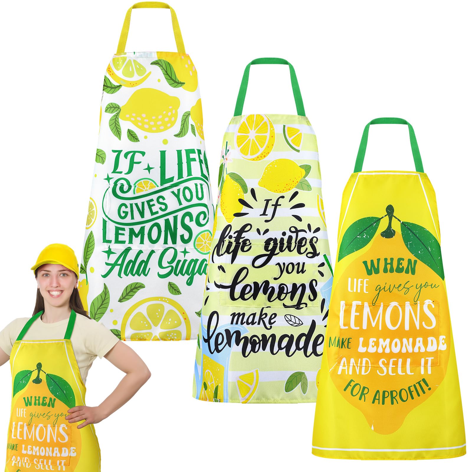 Maxdot 3 Pcs Lemon Apron With Pockets Adjustable Strap Kitchen Apron For Women If Life Gives You Lemons Make Lemonade For Cook L