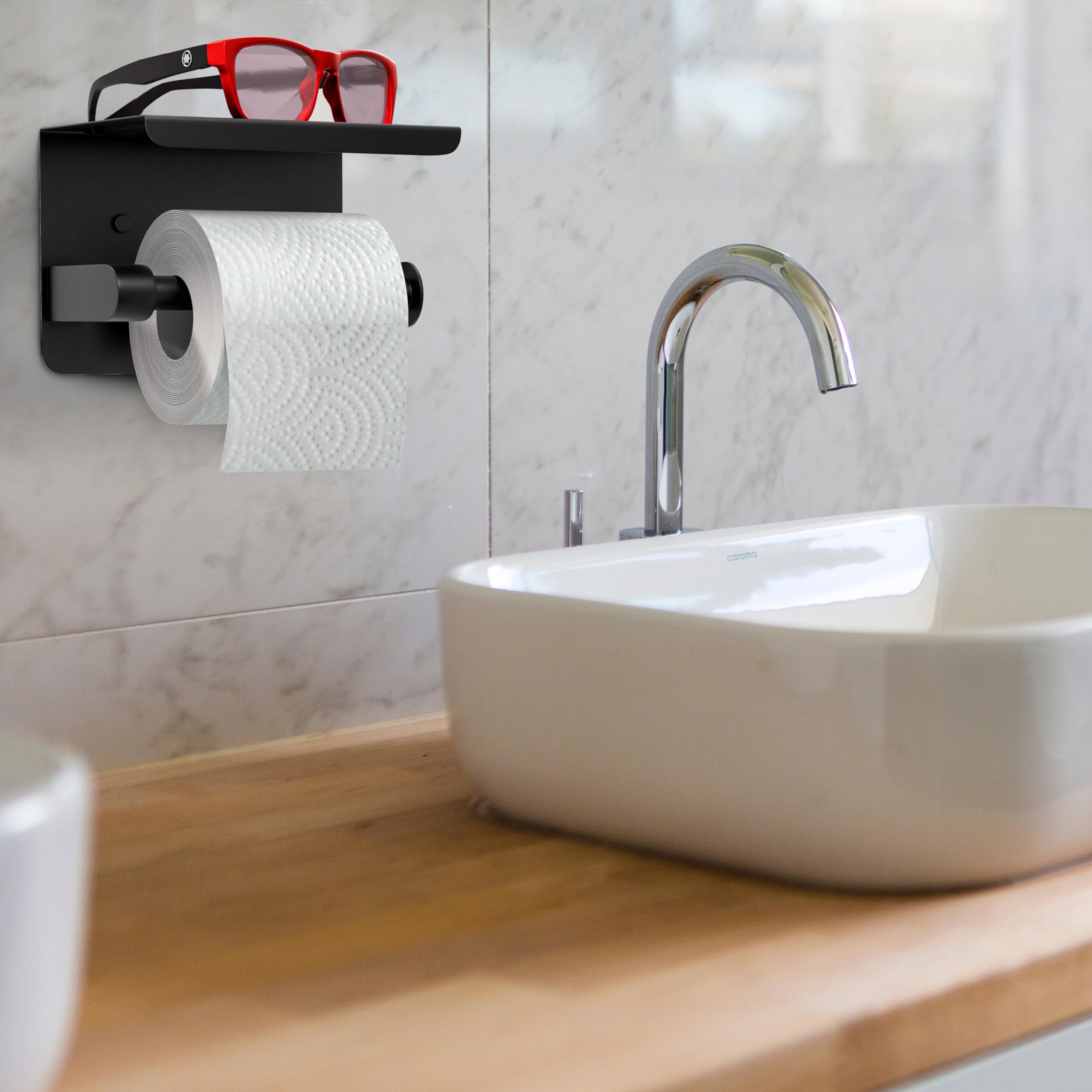 Sayoneyes Matte Black Bathroom Toilet Paper Holder With Shelf - Sus304 Stainless Steel Toilet Tissue Roll Holder Wall Mounted -