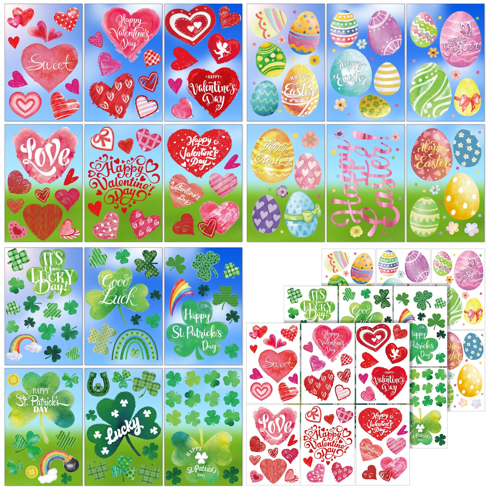 Cholemy 18 Sheets St Patricks Window Cling Set Double Sided Window Clings Decorations for St Patricks, Valentine, Easter Decor f
