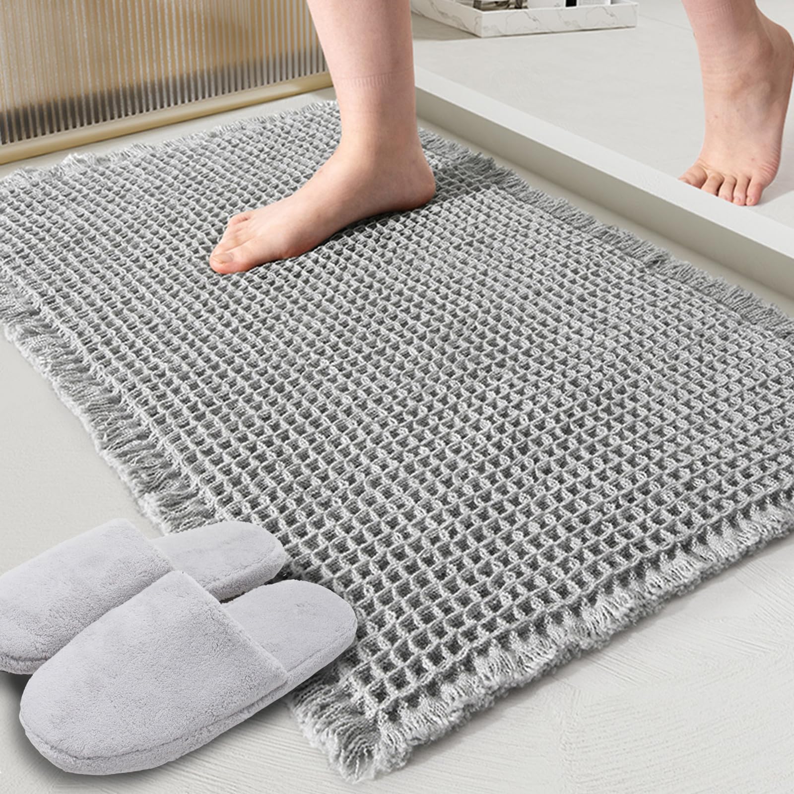 Zall Grey Waffle Bath Mat,Super Absorbent Non Slip Bathroom Rug,Gray 18X30Inch,Machine Washable Ultra Soft Floor Mats