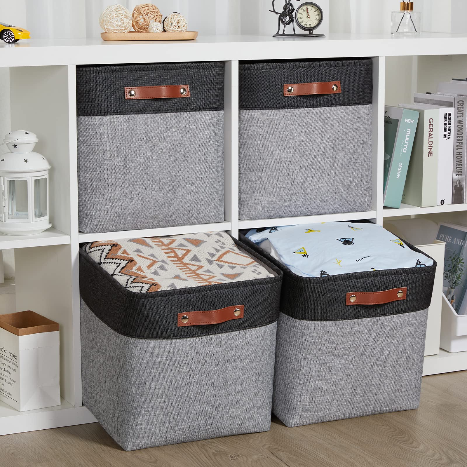 HNZIGE 13x13x13 Storage Baskets (4 Pack) Large Fabric Storage Cubes for Shelves  Storage Cube Bins for Gift with Leather Handles for Home  Clothes Baskets for Storage Toys  Kids Room  Closet (White&Black)