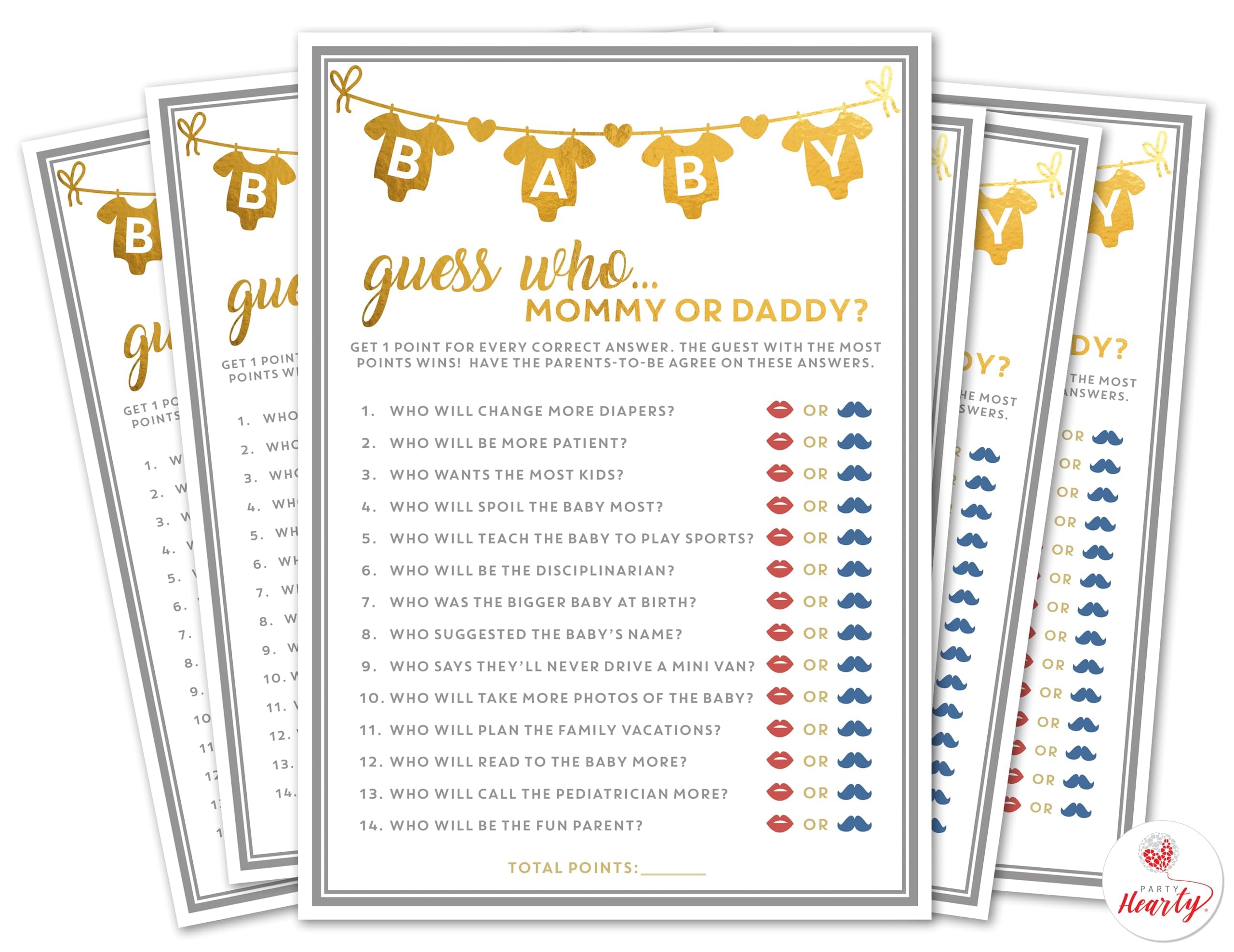 Party Hearty Baby Shower Games For Girl Or Boy, 50 Pcs Mommy Or Daddy Guess Who Game, Fun Activity Cards, Gender Neutral, Baby S